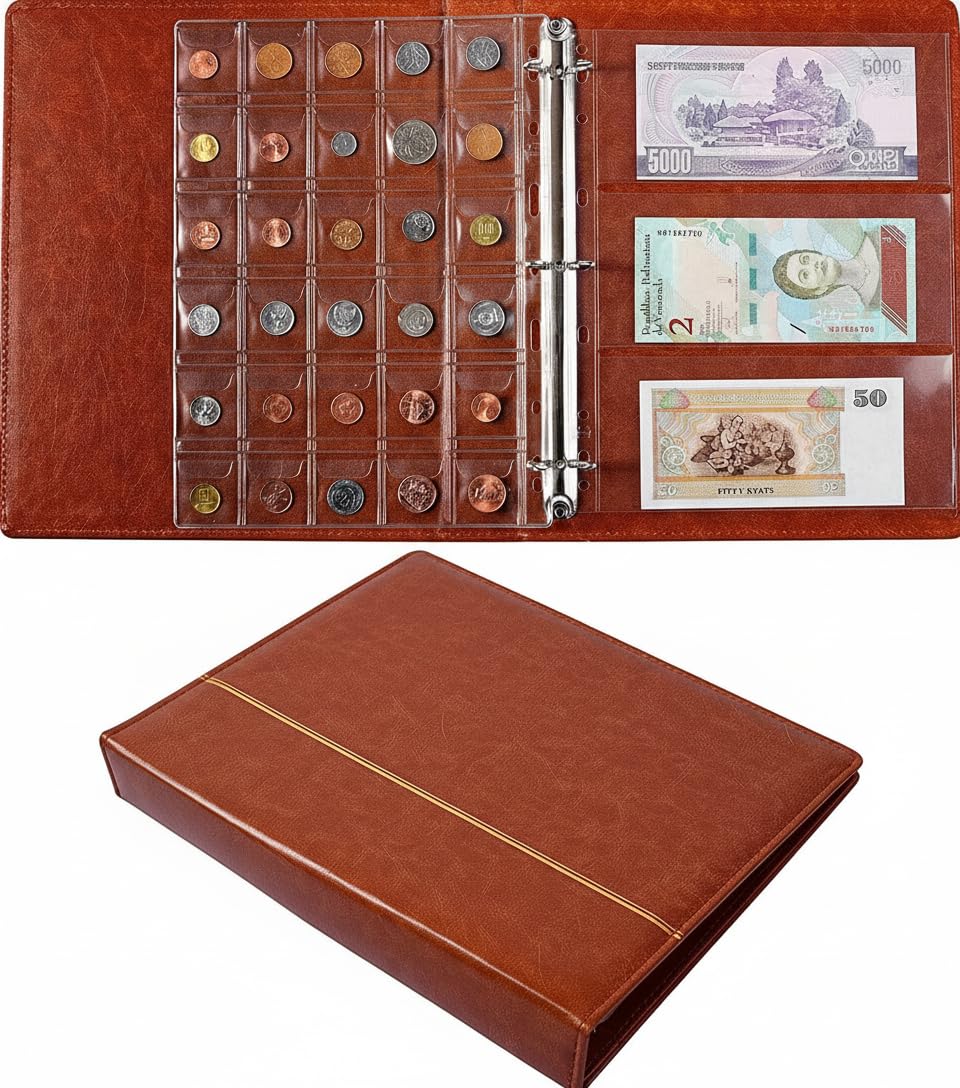 Coin Collecting Holder Album Paper Money Currency Leather Pockets Collection Supplies Holders, Large Storage Book for Collectors, Coin Bill Commemorative