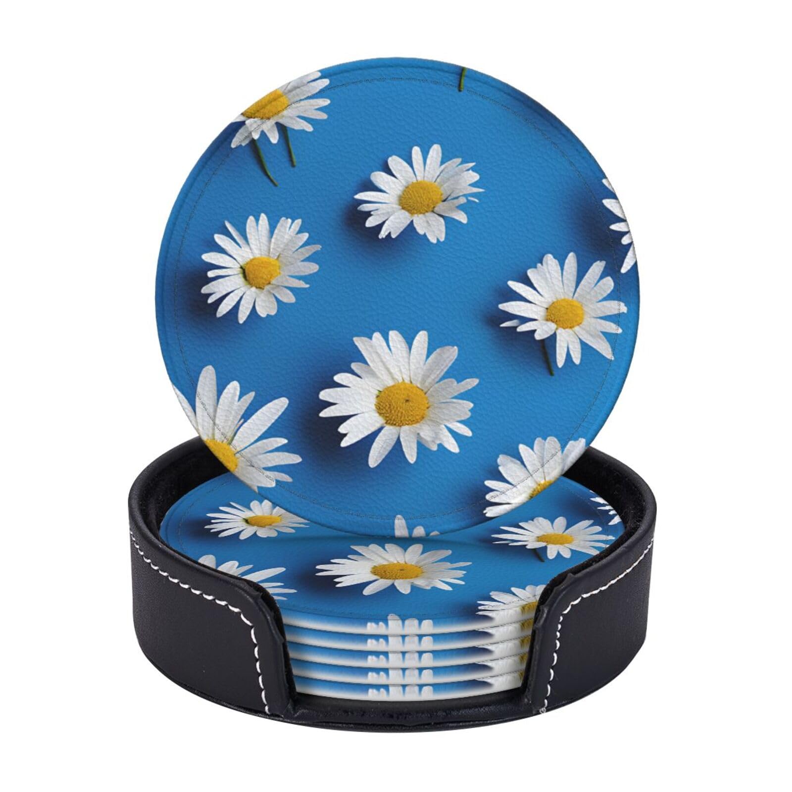 Coasters Set of 6 Microfiber PU leather Coasters with Holders for Drinks Coffee Bar Accessories, House Apartment Coffee Table Decor, Housewarming Gifts - White Daisy