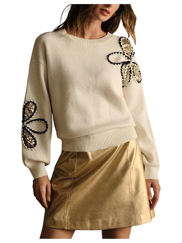 Verdusa Womens 3D Floral Sequin Cozy Sweaters Elegant Trendy Pullover Dressy Knit Tops