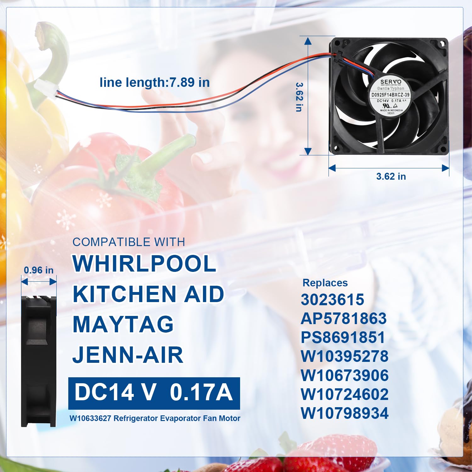 W10633627 Refrigerator Evaporator Fan Motor Compatible with Whirlpool Kitchen Aid Fridge, Replaces 3023615 PS8691851 W10395278 W10673906 W10724602 W10798934
