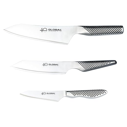 Global Knives 3 Piece Knife Set, 40th Anniversary Limited Edition Kitchen Knives Set, 2X Oriental Chefs Knives & Kiritsuke Knife, Premium Japanese Stainless Steel Blades, Made in Japan