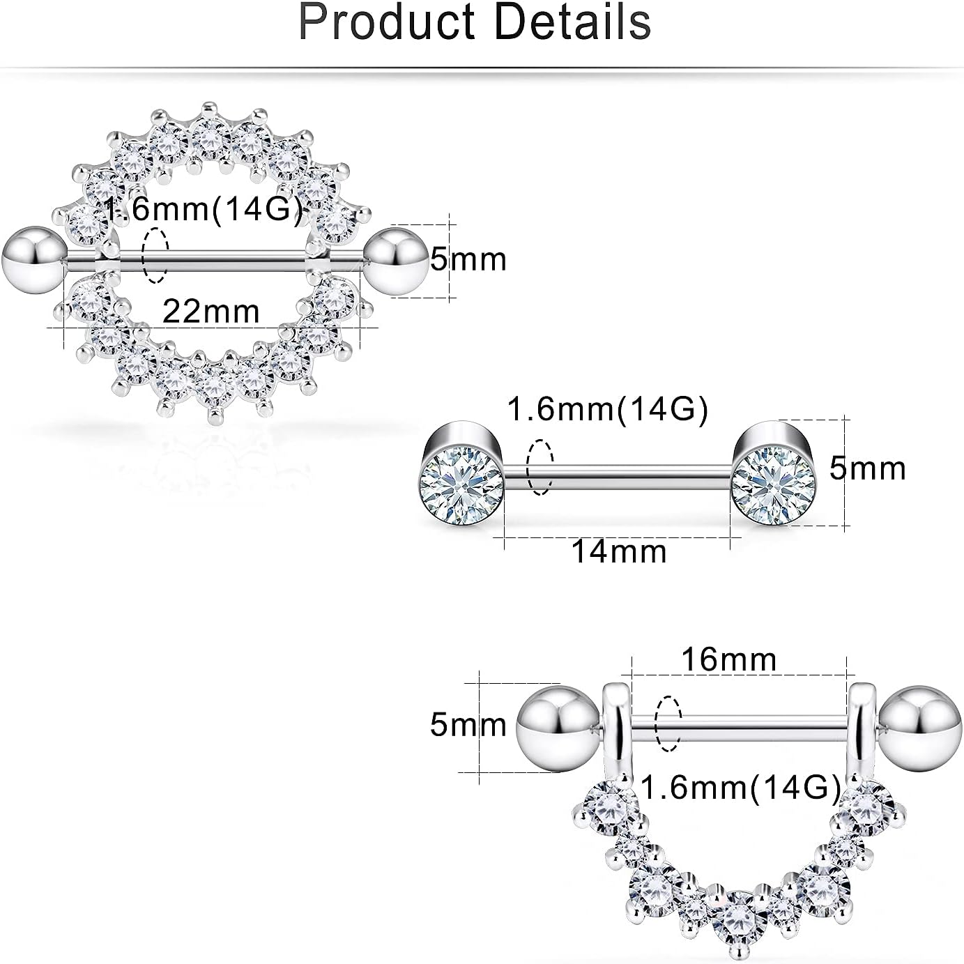 Cisyozi 14G Round CZ Heart Shaped Nipple Jewelry - Stainless Steel Nipple Tongue Ring Barbell Piercing Jewelry for Women - 14mm Silver Rose Gold Colorful 9Pairs - Image 2