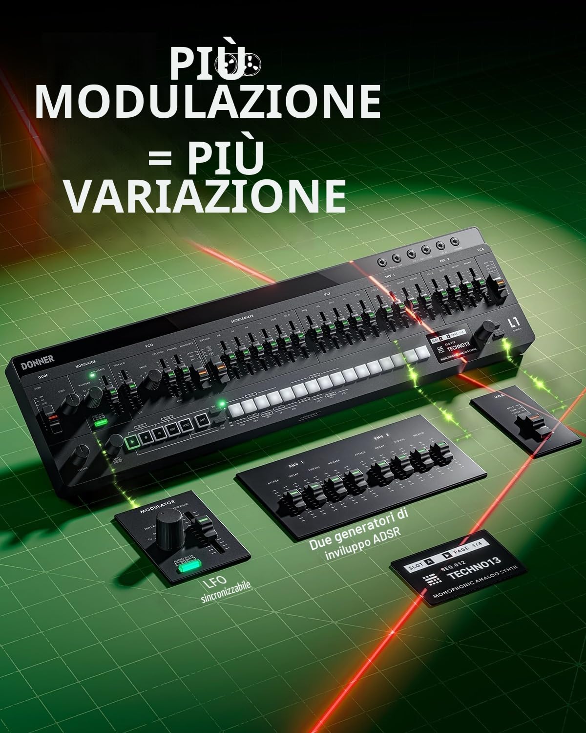 Donner ESSENTIAL L1 Sintetizzatore con Sequencer a 64 Passi, Sistema Modulare Magnetico S2C, Synth Portatile con CV/GATE/SYNC I/O