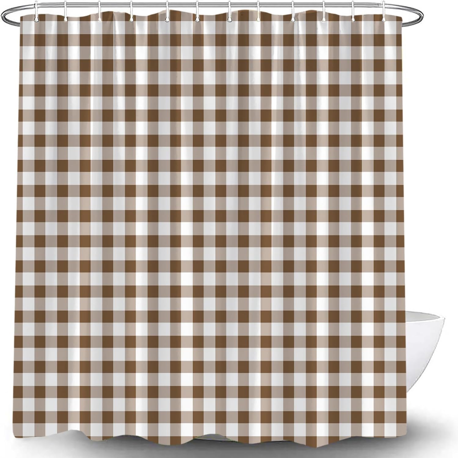 Brown White Shower Curtain Buffalo Check Plaid Classic Gingham Farmhouse Checkered Vintage Grid Minimalist Simple Modern Bath Decor Curtain with Hooks, 70x78 Inch