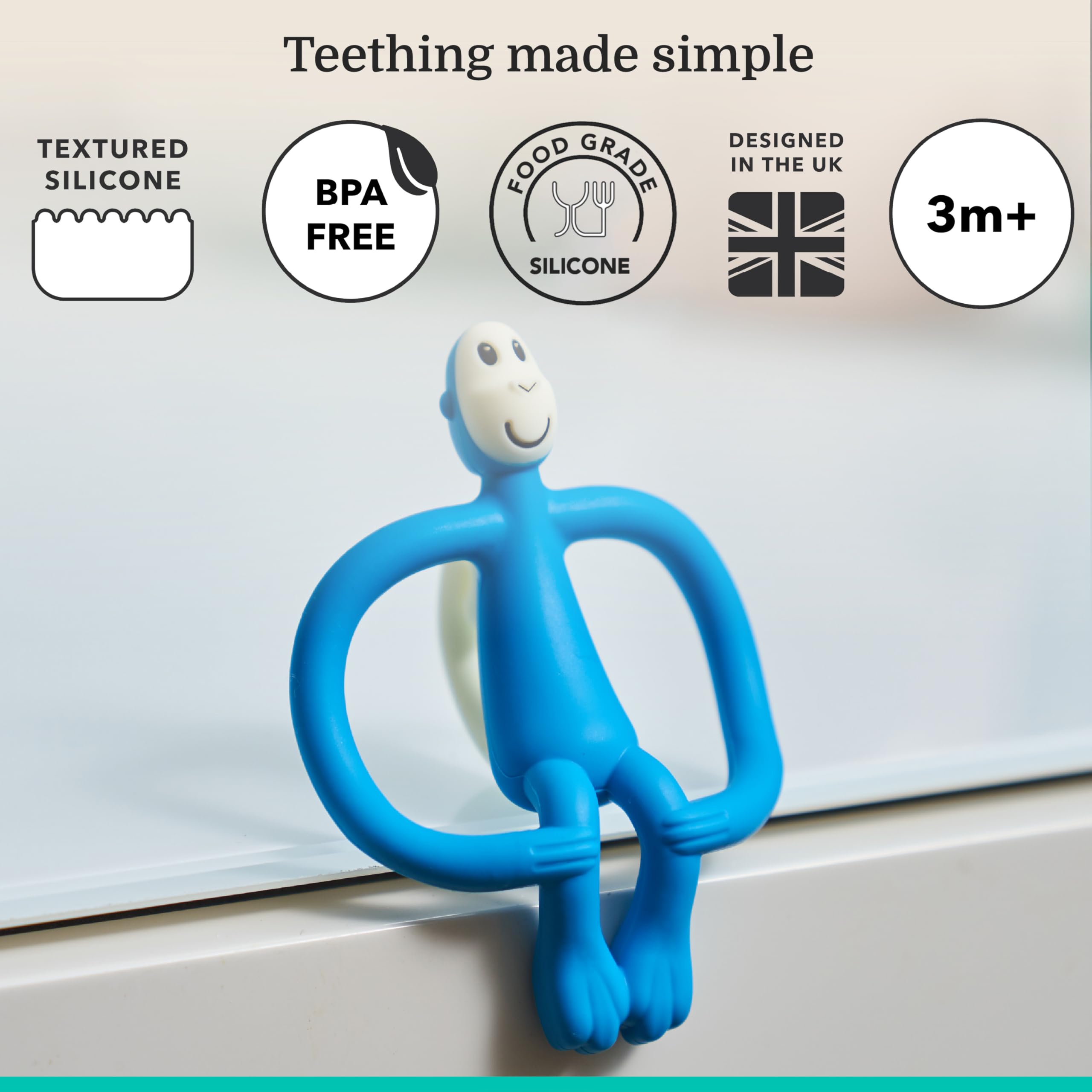 Matchstick Monkey, Original Teether & Gel Applicator, Antimicrobial Silicone Teething Toys for Baby, Easy to Grip, BPA Free, 3 Months Old+, 10.5 cm, Blue Monkey - 4