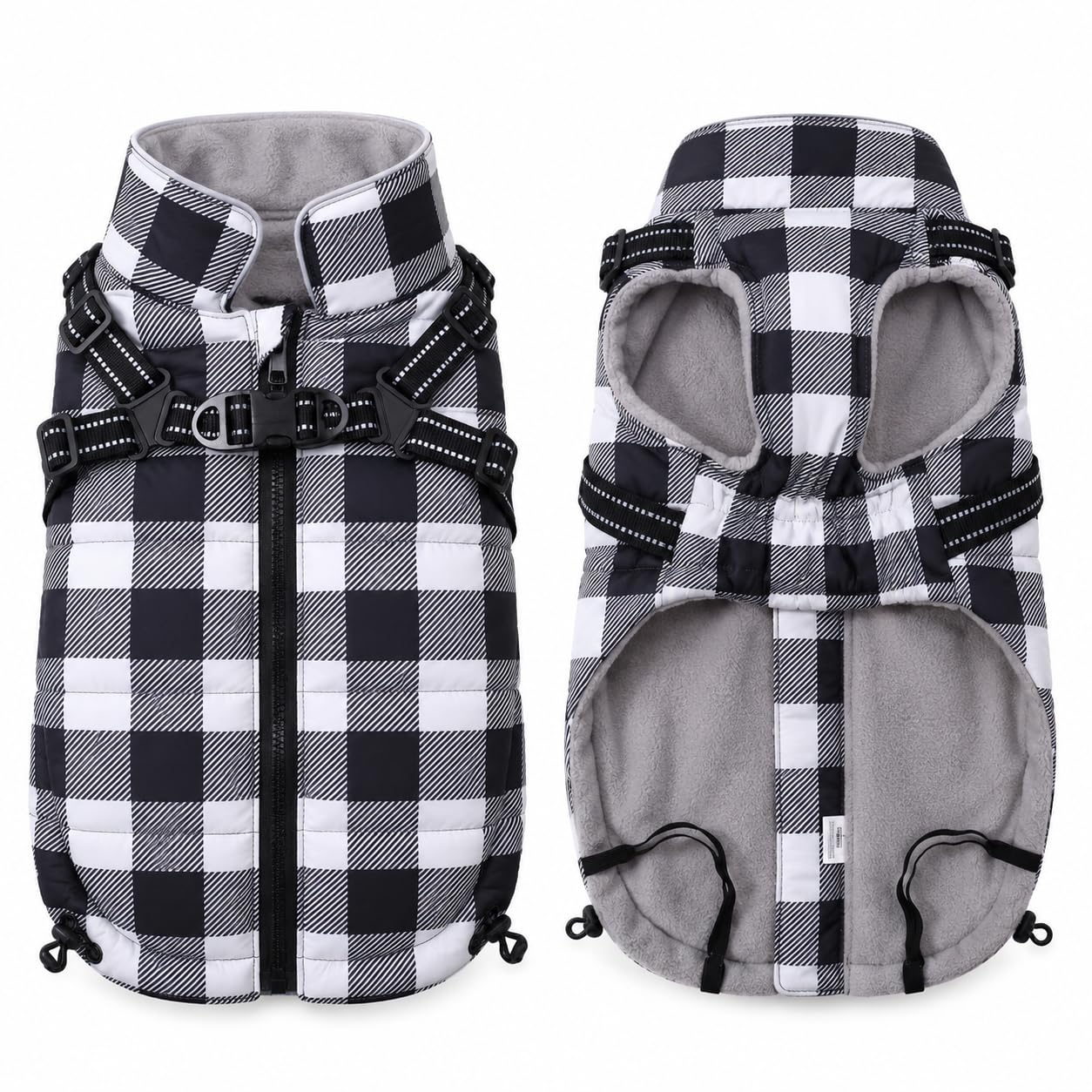 babepet Waterproof Dog Coat with Harness, Warm Pet Dog Coats and Jackets, Reflective Pet Dog Harness Vest Winter Puppy Clothes with Chest Strap, ideal for Outdoor Walking-Black Plaid-M