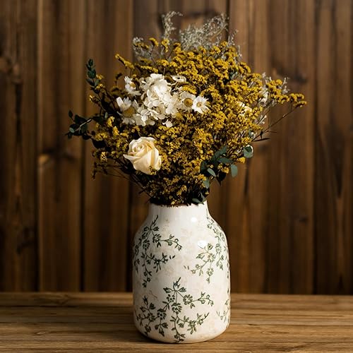 Florero vintage verde y beige, florero con acabado agrietado, jarrones grandes de cerámica rústica para decoración del hogar, sala de estar,