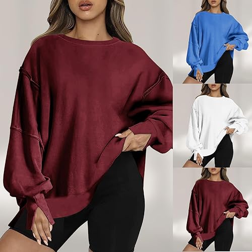 Miniatura 6 de Cómoda sudadera para mujer, ajuste holgado, casual, cuello redondo, a la moda, blusas de manga larga, blusas de color sólido