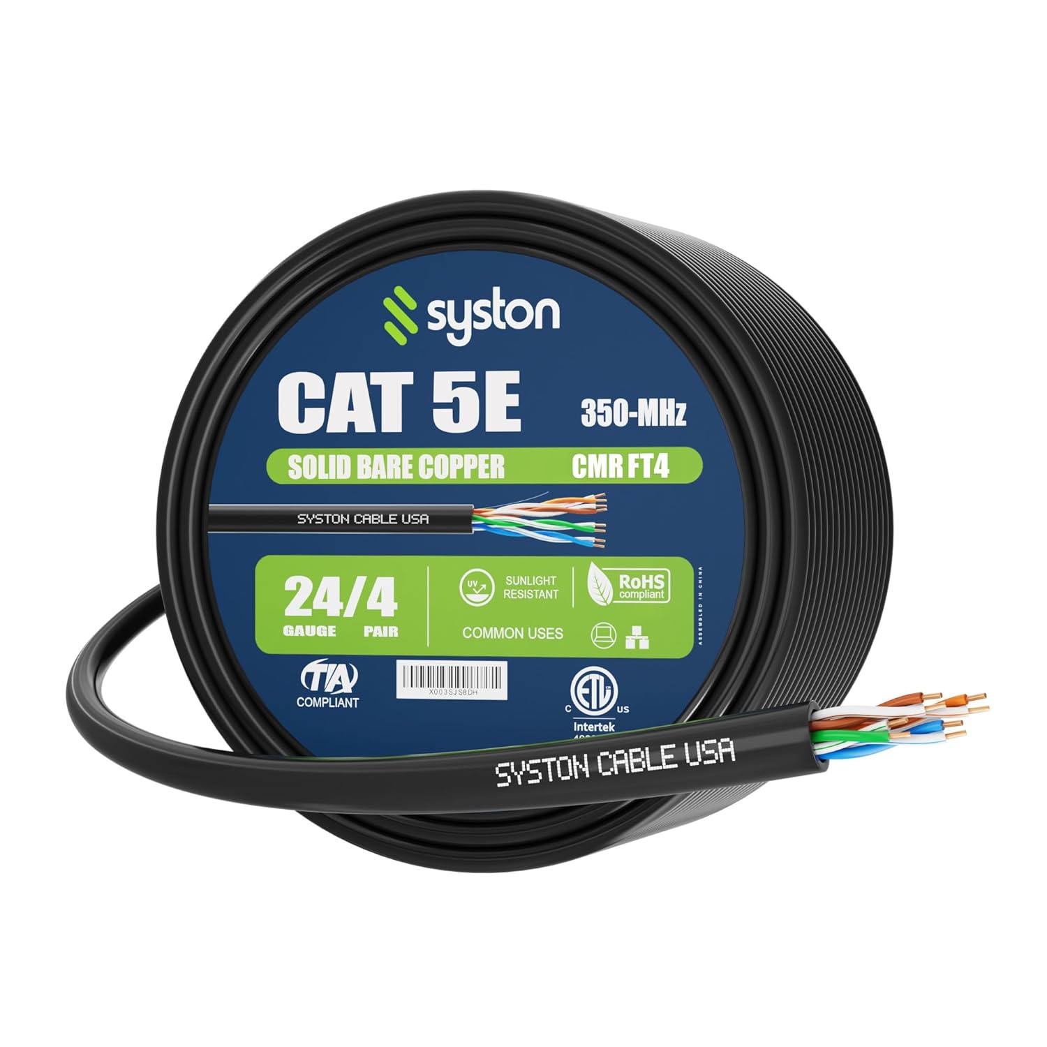 Syston Cable Technology Cat 5e Ethernet Network Cable - 250 FT，350MHz 24AWG Solid Bare Copper Wire Outdoor/Indoor, Bulk No Ends 10 Ft to 1000 Ft Available, Heat Resistant Riser Rated - CMR