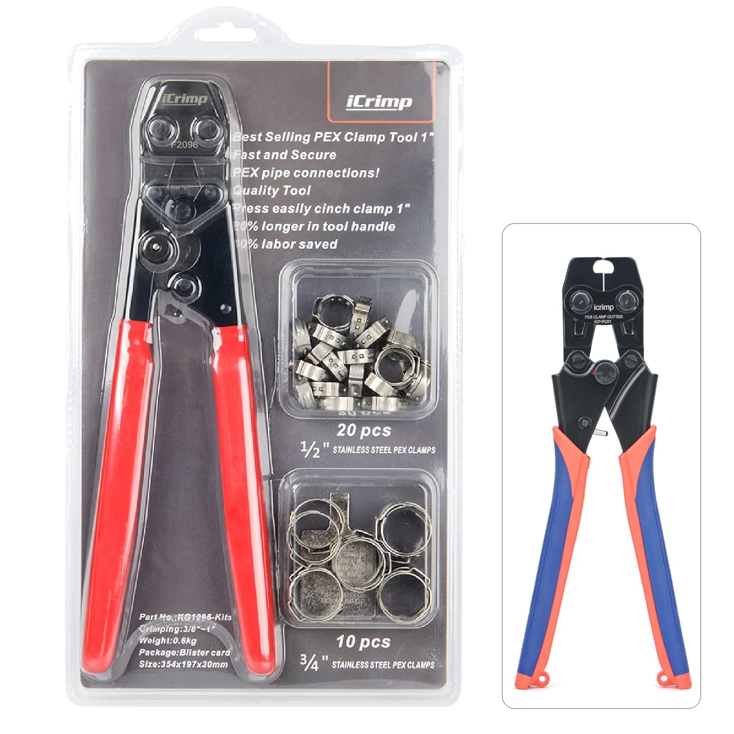 iCrimp PEX Cinch Clamp Pinching Tool with 20pcs 1/2-inch and 10pcs 3/4-inch Clamps and Clamp Cutting Tool Bundle