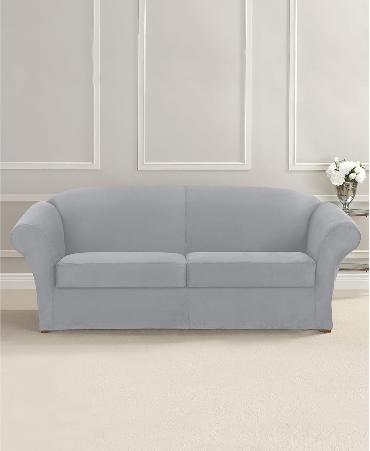 SureFit Ultimate Stretch Suede Three Piece Sofa Slipcover | Form Fit | Individual Cushion Covers | Machine Washable Sofa/Box Cushion/Light Gray