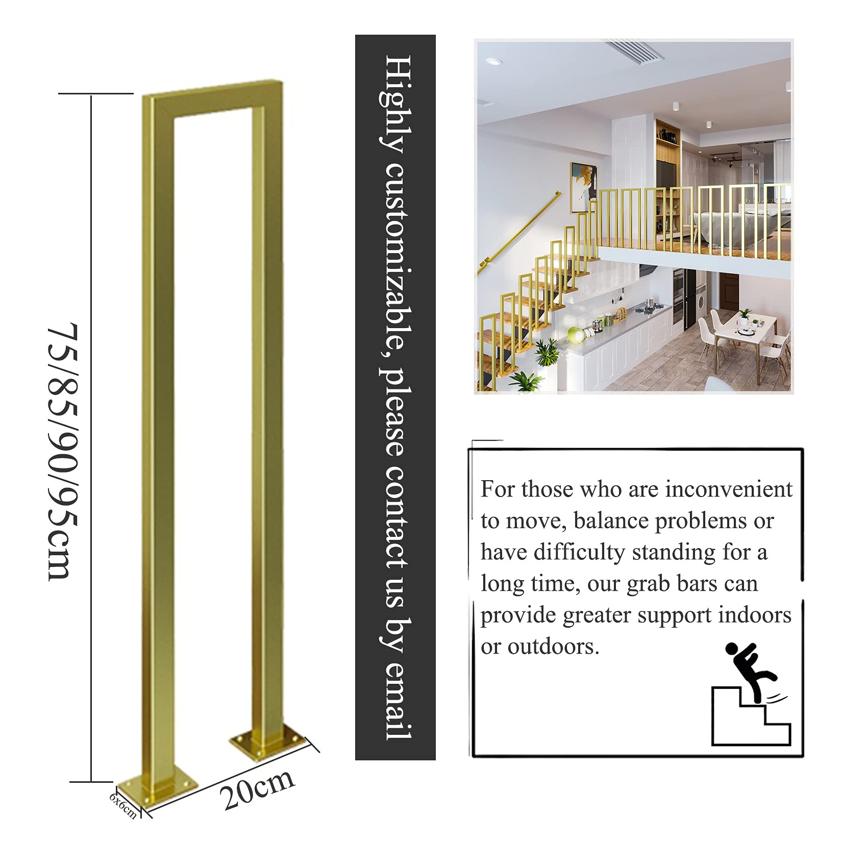 Barra de soporte de seguridad antideslizante de hierro forjado en forma de U con dorado para ancianos y niños, barra de apoyo de seguridad para interiores y exteriores