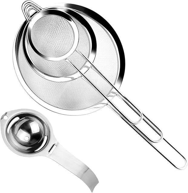 Sieve Fine Mesh, KISSDATE Sieves Kitchen Stainless Steel with Rim 7/12 / 18 cm Along with Egg Separator, Food Strainers and Sieves for Baking Cooking and Pasta Rice Sifting