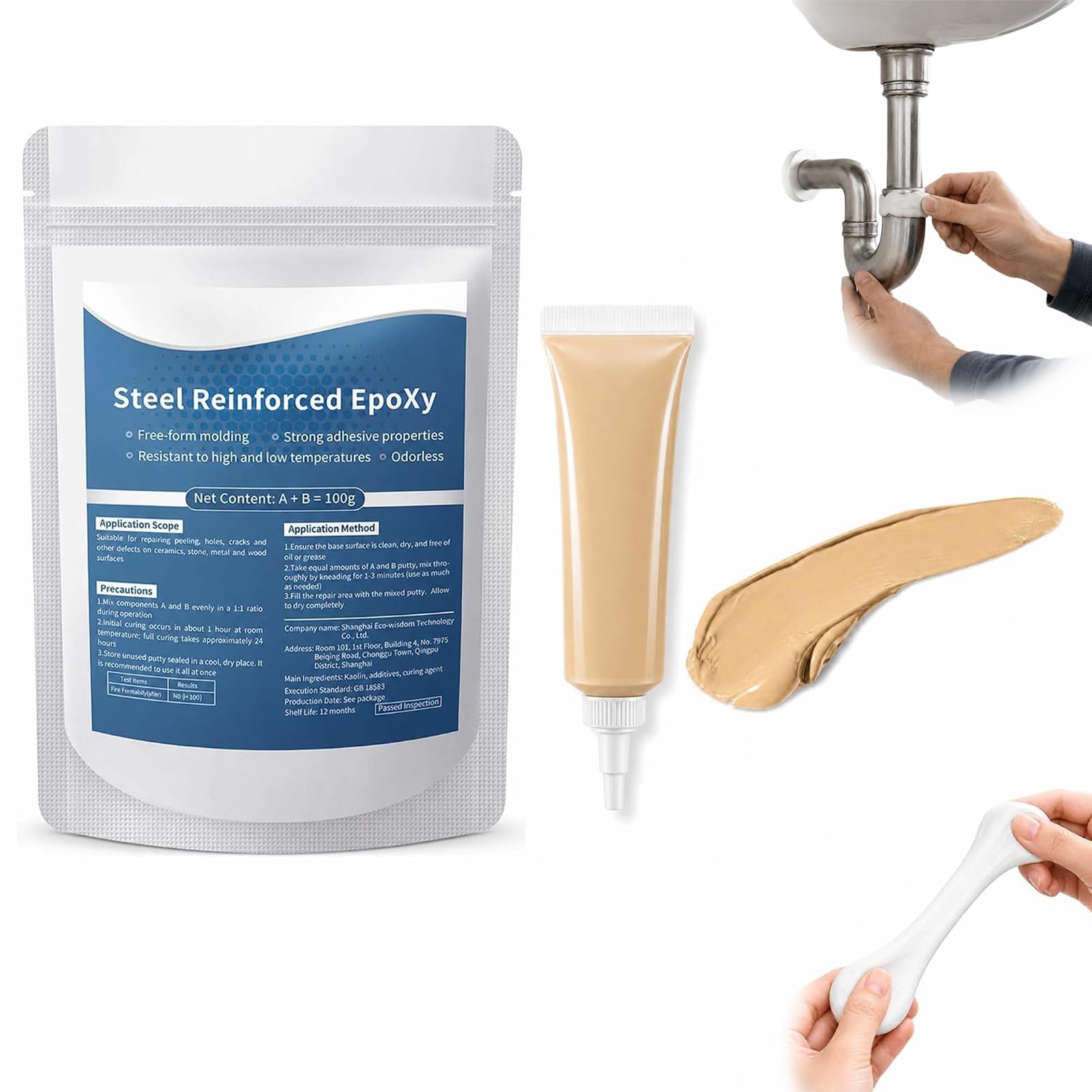 Strong Clay Iron Adhesive, 100/200/500 G High-Strength Multi-Purpose Repair Clay, Steel Reinforced Epoxy Putty, for Bonding Metal Wood Plastic Ceramic Tile (with Beige Repair Paste,100G)