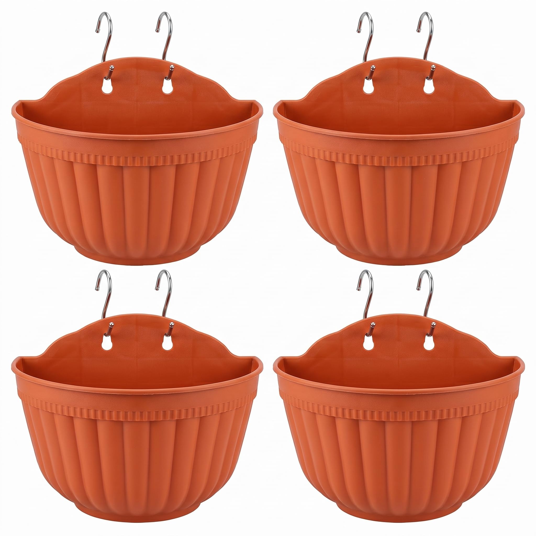 Uanqfegy Wall Hanging Planter - 4PCS Plastic Outdoor Pots for Plants with Drainage Plugs & S-Hooks, 8x7inch for Railing Fence or Balcony, Soil & Hydroponics