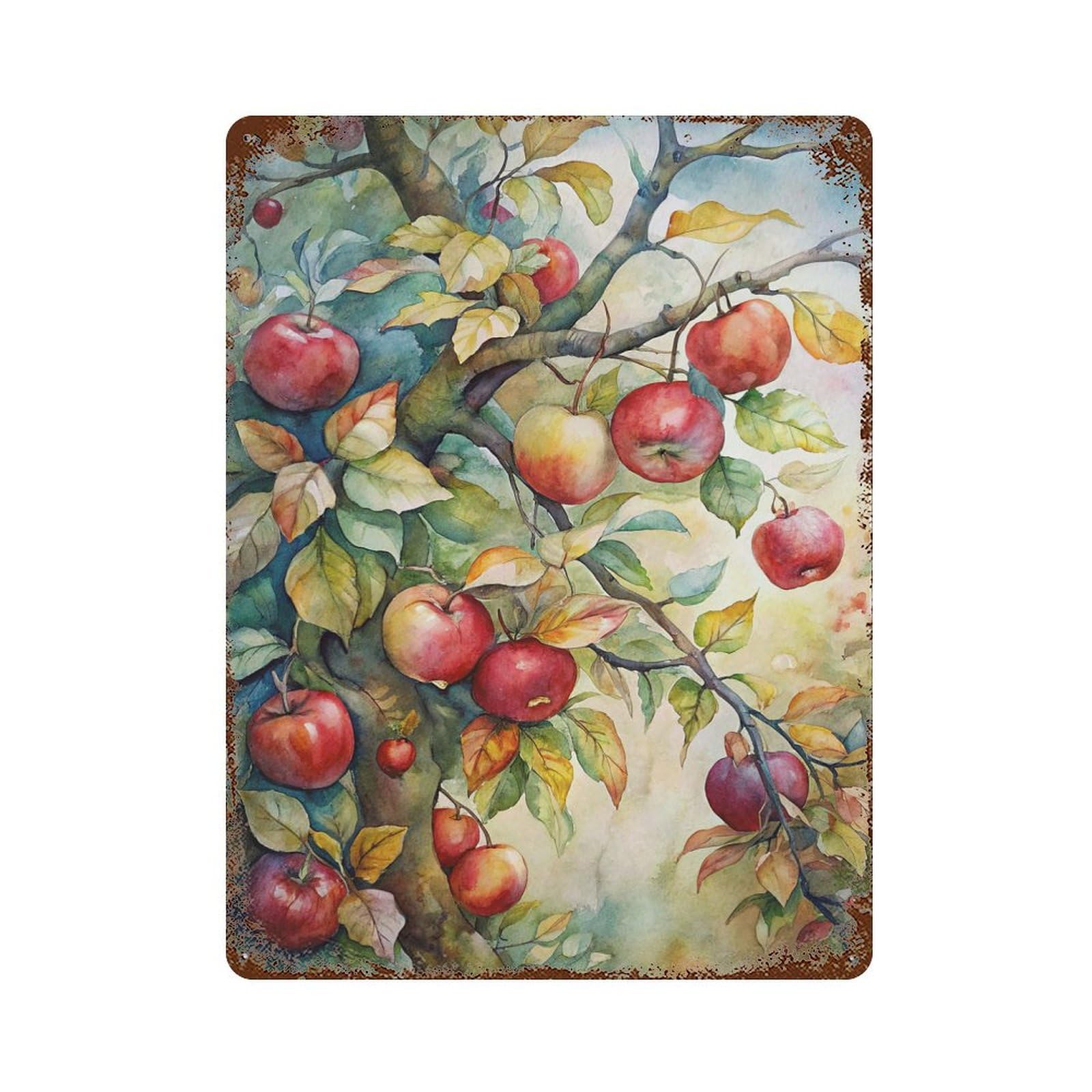 Watercolor Apple Tree with Ripe Apples 15.7"x11.8" Rustic Tin Plaque, Industrial Home Decor for Farmhouse, Kitchen And Entryway Decor