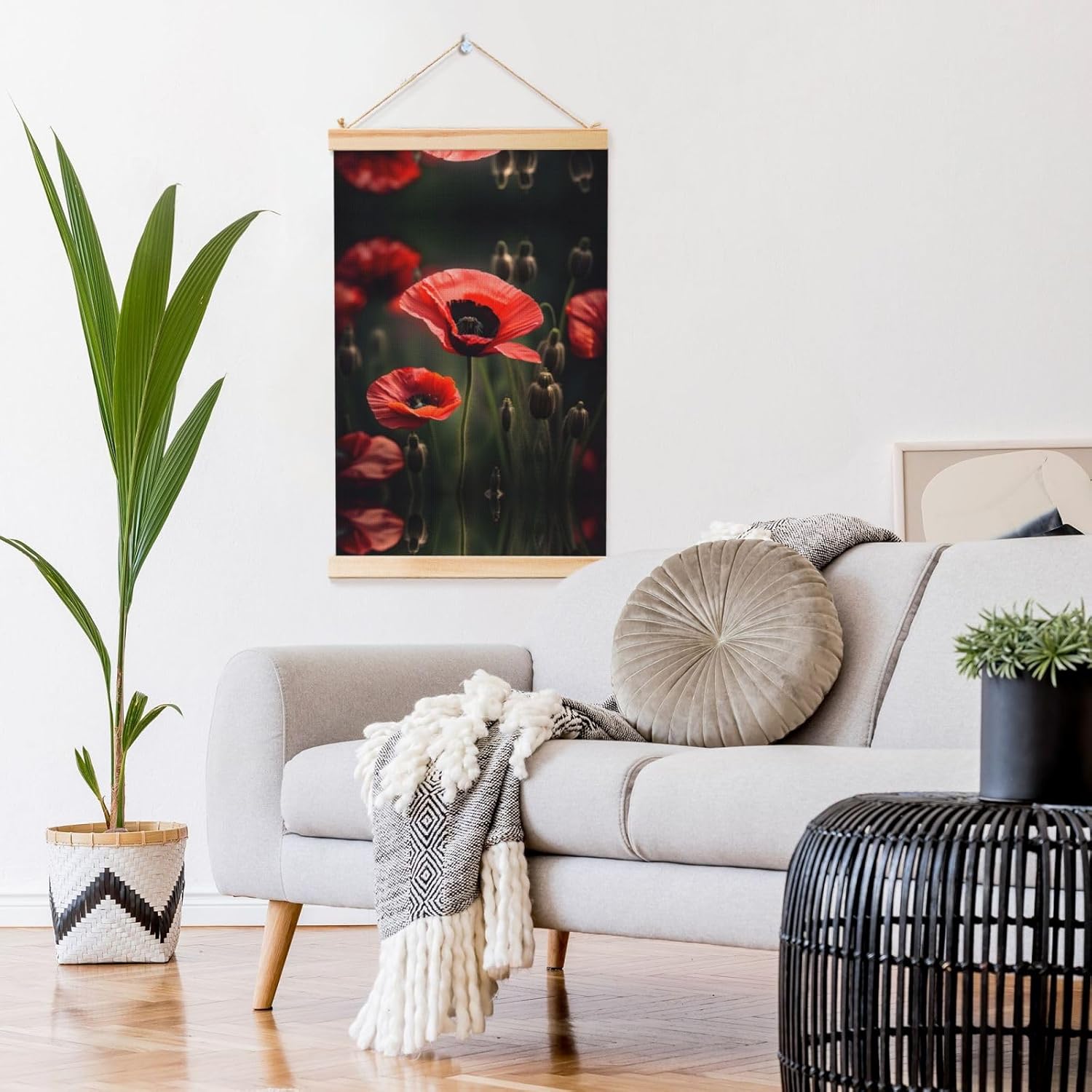 Red Poppy Flower Print Poster Hanger,Hanging Poster, Poster Frame,Wood Poster Hanger, For Wall Hanging