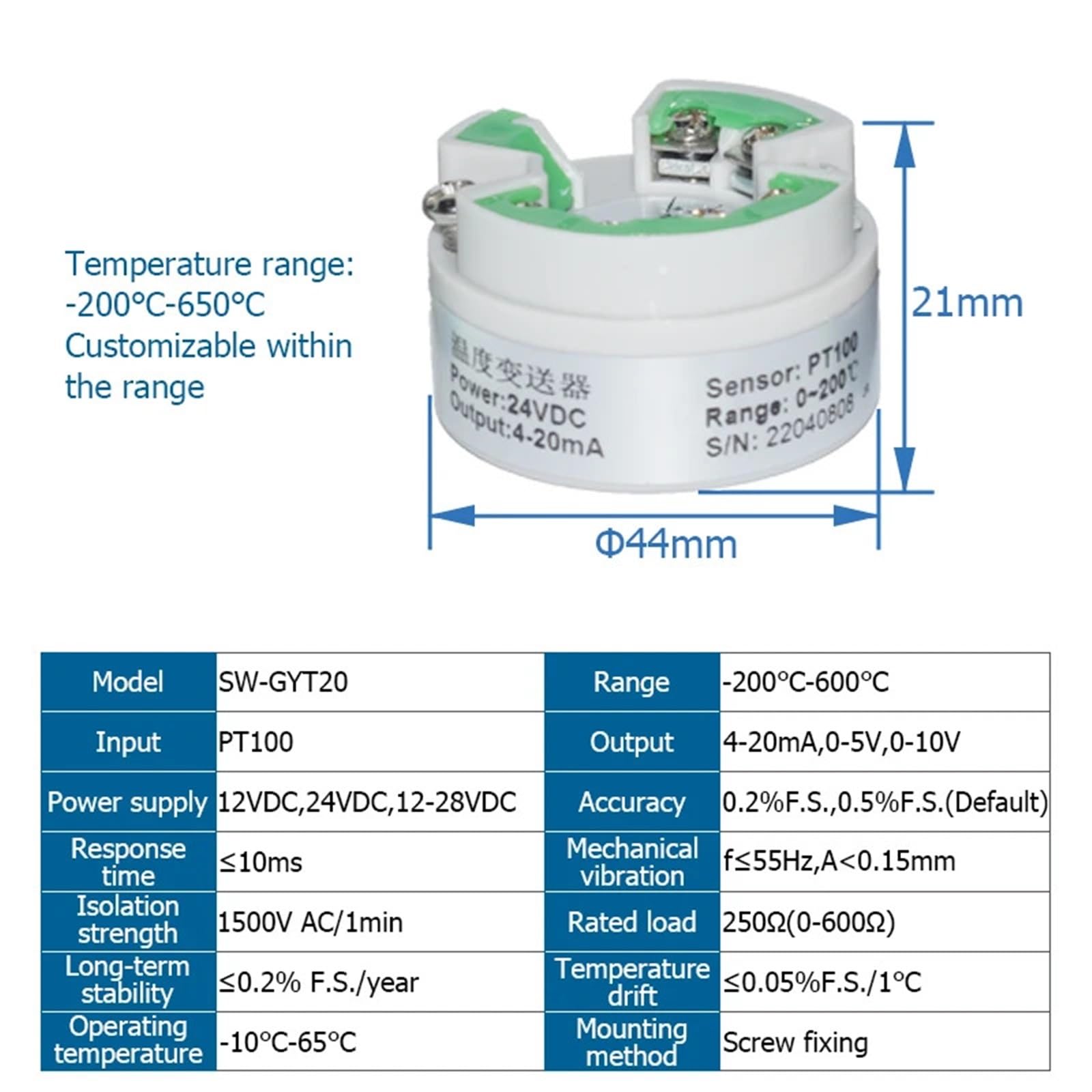1 Uds transmisor de temperatura inteligente Módulo Sensor PT100 4-20mA 0-5V 10V salida antiinterferencia transductor de temperatura(0-5V 0-400C)