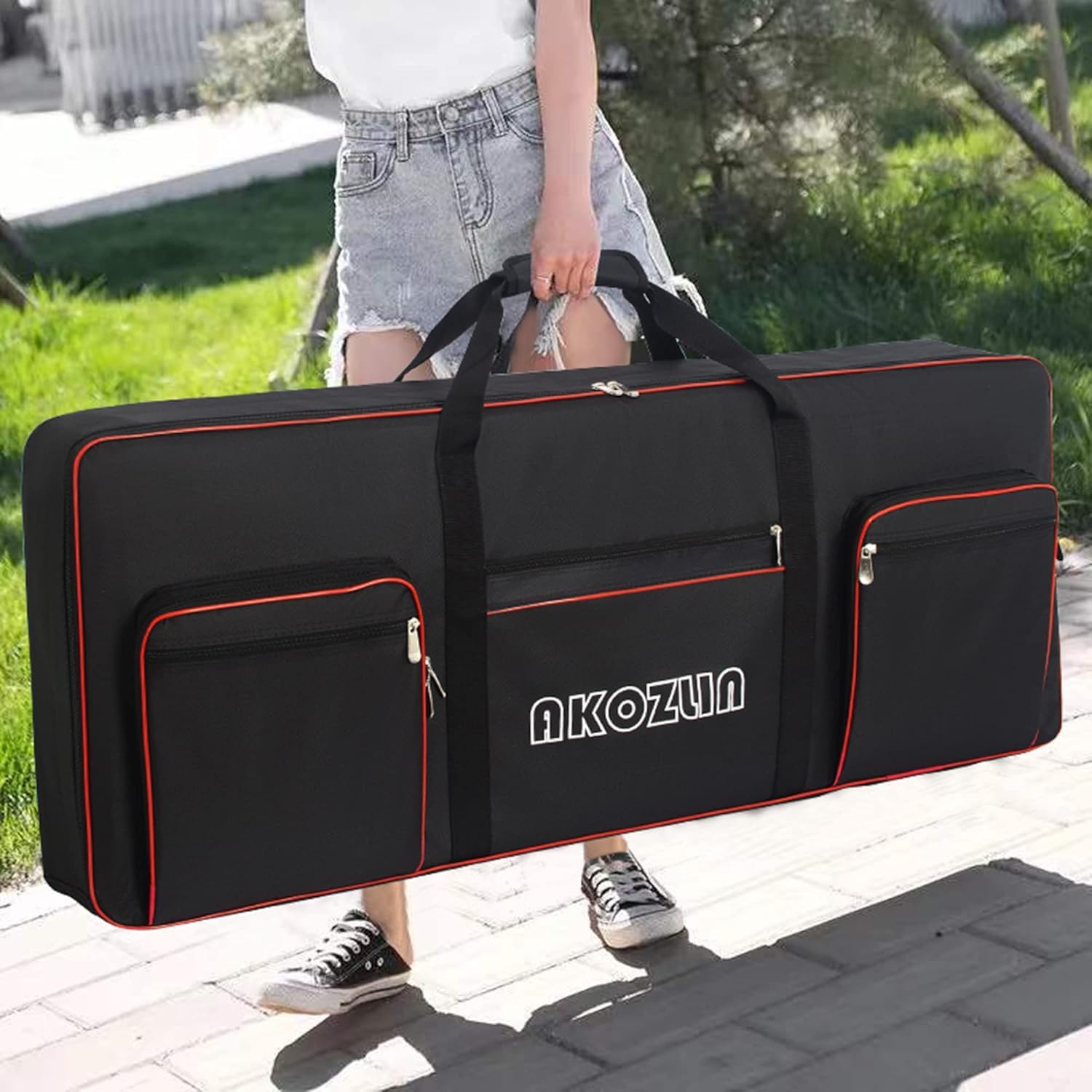 AKOZLIN Borsa morbida per tastiera elettronica a 61 tasti, dimensioni | Tracolla regolabile, 5 tasche per accessori, compatibile con tastiere da 61tasti,103x 13,5 x 40cm