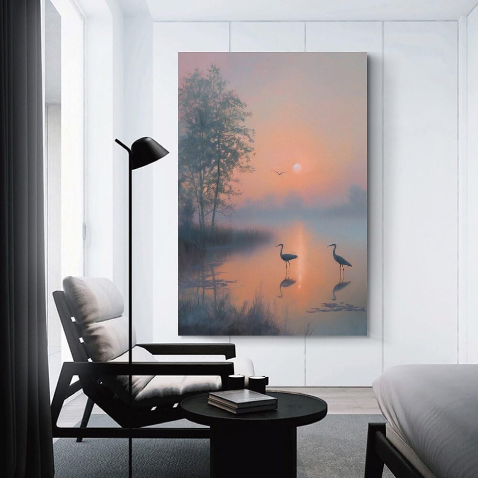Junmoney Foggy Morning Herons Wall Art Print, 08x12inch(20x30cm), for Entrance Spaces, Stair Walls Or Halls, Home Artwork for First Impressions
