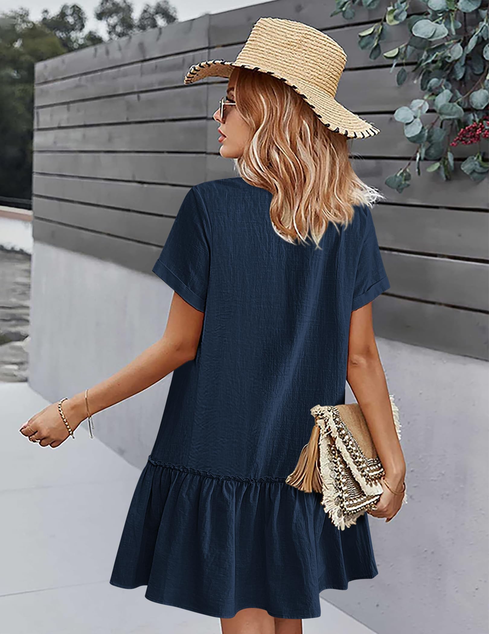 Hotouch Vestido de Verano de Mujer de Lino con Botones, Escote en V,Mini de Manga Corta, Corte A con Volantes, Ideal para la Playa