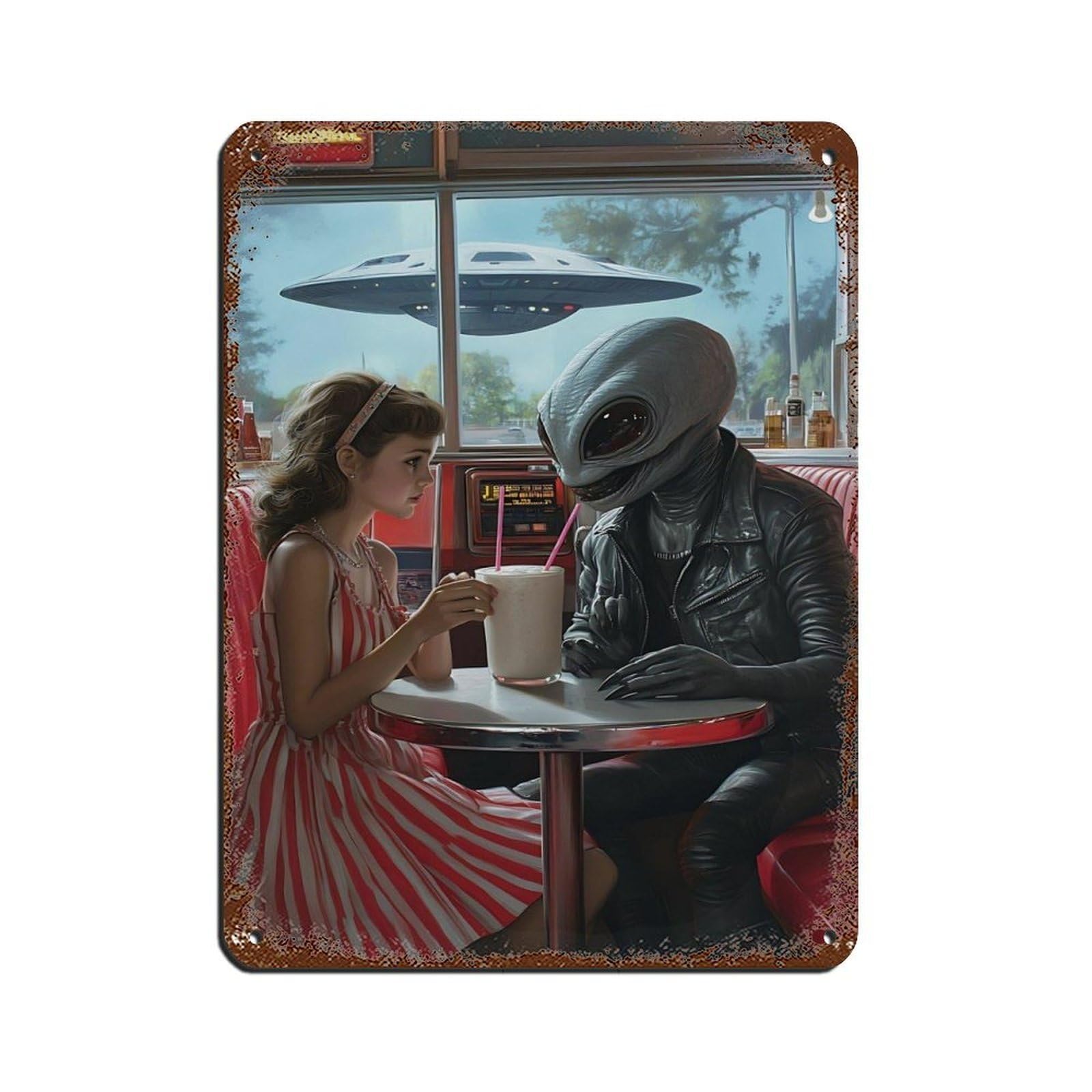 Lxwnze 30L X 40W Cm Alien Diner Encounter, Retro Sci-Fi Art Retro Poster Metal Tin Sign Chic Art Retro Iron Painting Bar People Cave Cafe Family Garage Poster Wall Decoration 12X16inch(30X40cm)