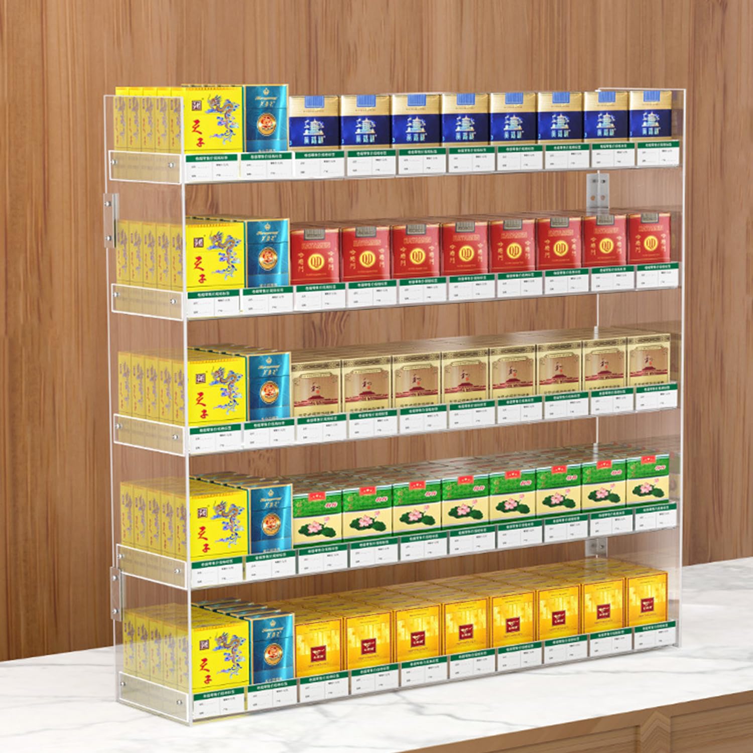 IEOWY Acrylic Cigarette Display Rack, Wall-Mounted 6-Tier Storage Shelf, Clear Retail Showcase for Cigarettes, 13cm Depth, Ideal for Stores & Convenience Shops