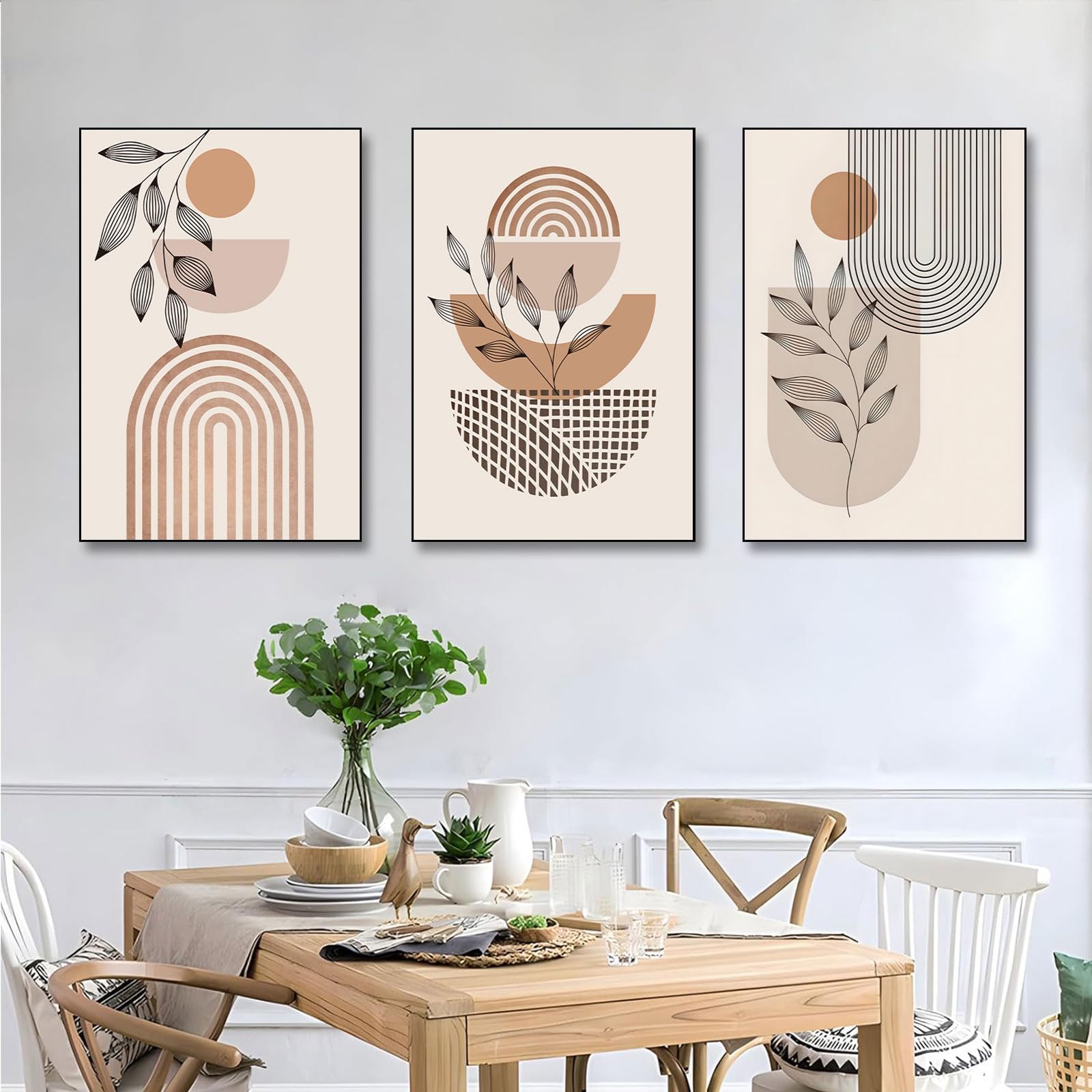 BNREDA Juego de 3 pósteres bohemios, línea abstracta en lienzo, arte de pared, póster moderno de línea geométrica, decoración para salón, dormitorio y sin marco (A, 60 x 90 cm x 3, sin marco)