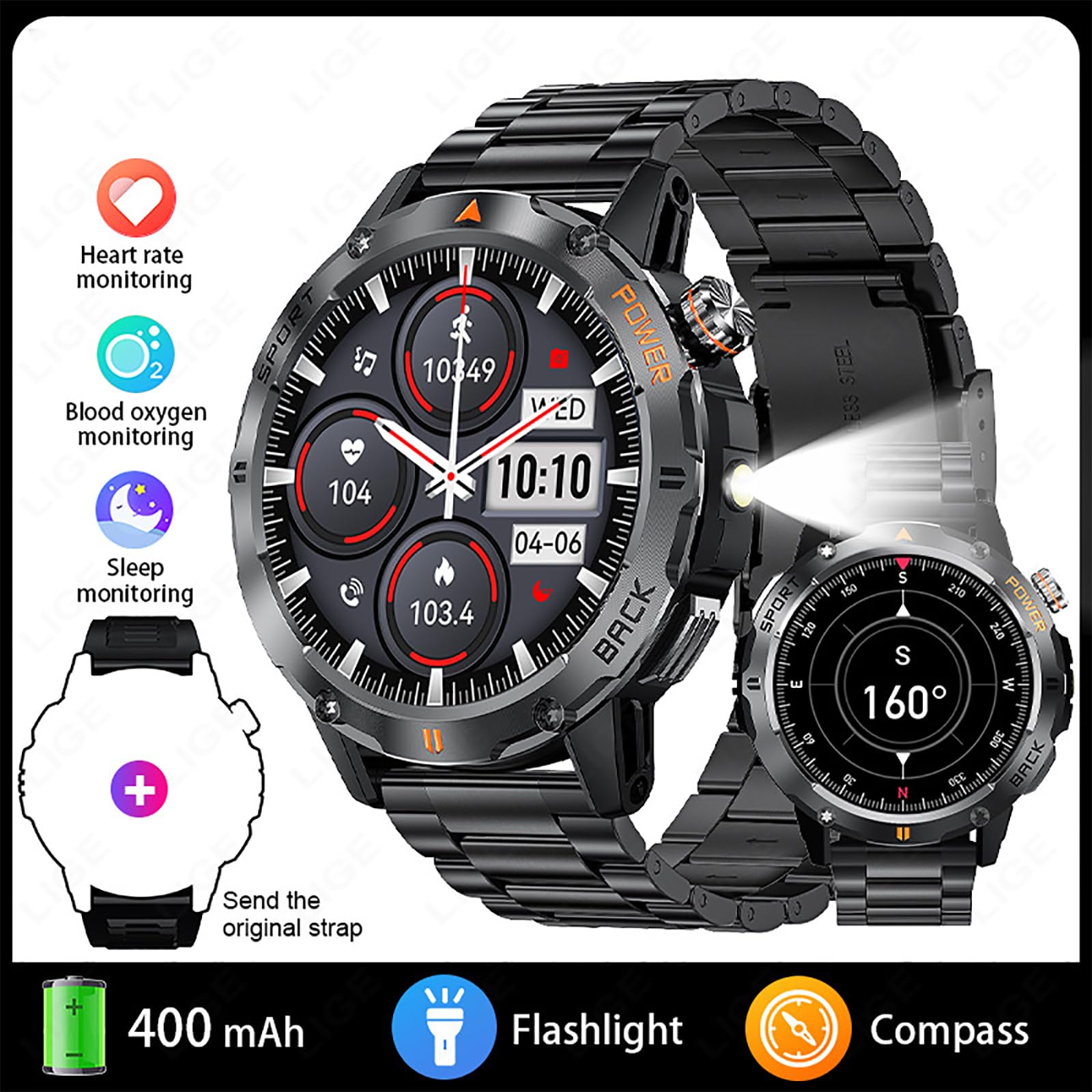Smart Watch, Outdoor Smart Sports Watch, GPS Men Fitness Smartwatches con Schermo IPS da 1,53 Pollici E Torcia LED, Funzione Bussola, Resistenza all'Acqua P68 per Android E iOS
