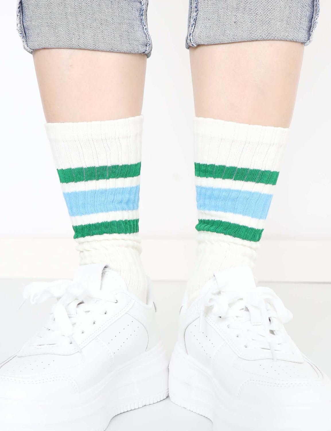 5 Pairs Chunky Ribbed Crew Socks Retro Novelty Cotton Scrunch Striped Socks - Image 6