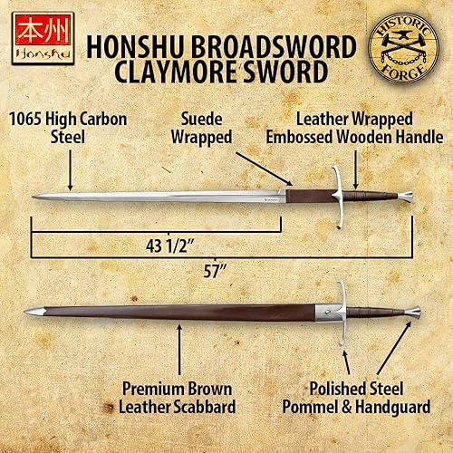 Miniatura 2 de Honshu Claymore Sword  Forjado histórico Espada ancha  Auténtica hoja de acero de alto carbono 1065  Mango de cuero  Funda de alta calidad incluida