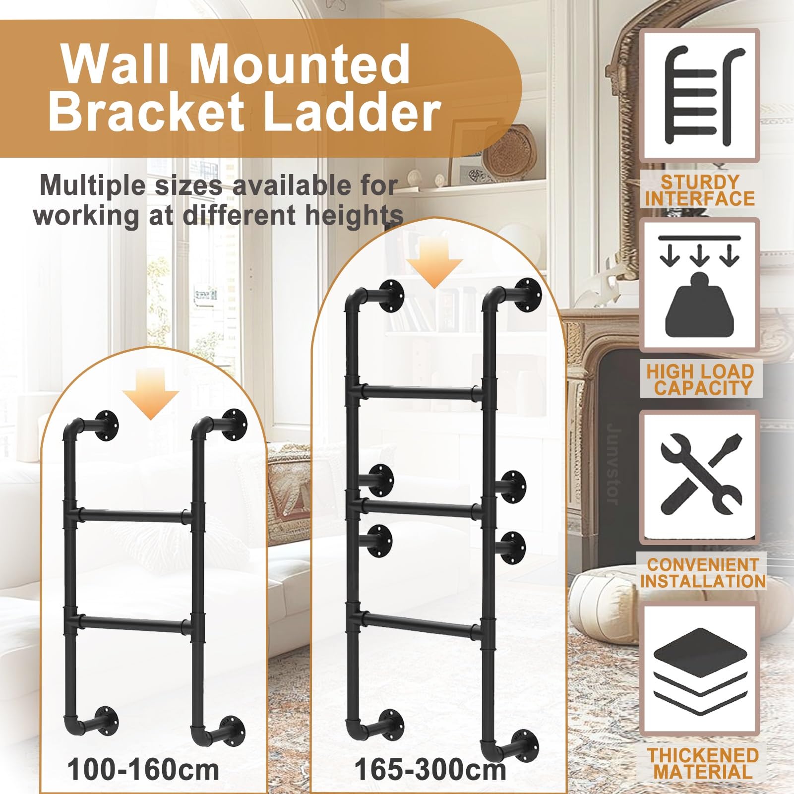 Escalera de hierro forjado de hierro forjado montada en la pared para el ático de la ventana, con diseño antideslizante para el hogar, loft, escalera de escape de incendios, 100 300 cm (175 cm)