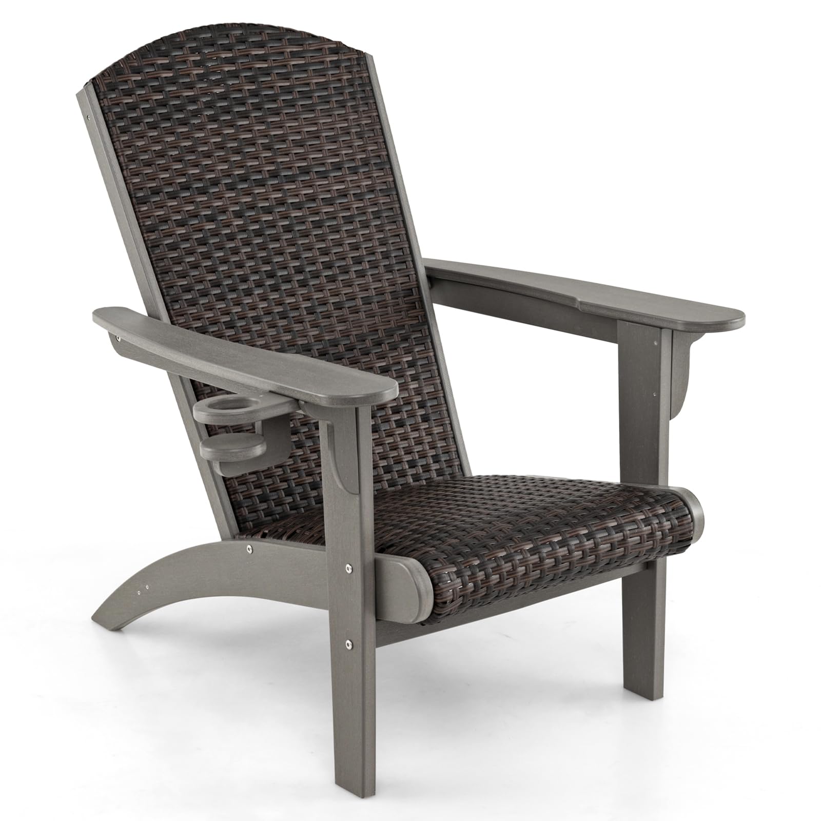 GYMAX Adirondack Stuhl wetterfest, Gartenstuhl mit mit Getränkehalter, Loungesessel mit geneigter Rückenlehne, Gartensessel aus Kunststoff & PE Rattan, für Terrasse & Balkon (Grau)