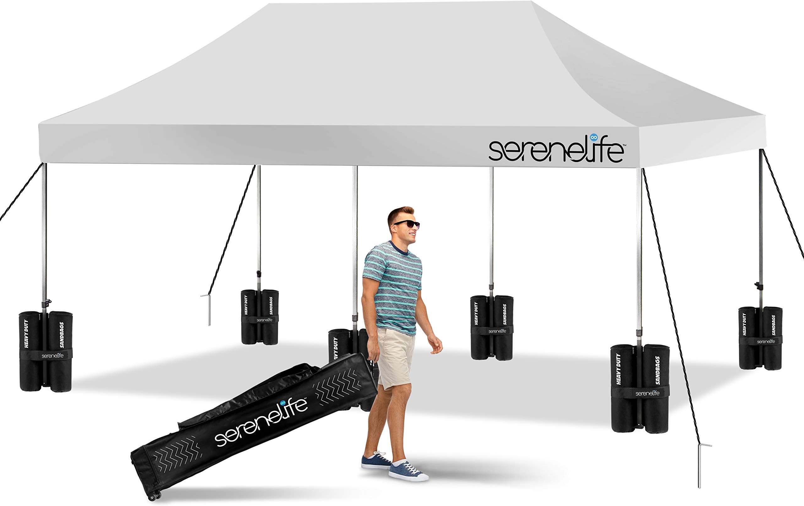 SereneLife Pop Up Canopy Tent 10x20 - Commercial Instant Shelter Foldable/Collapsible Sun Shade Pop Up Tent w/Waterproof Tent Top, Portable Carry Bag & Sand Bag - SereneLife SLGZ20W (White)