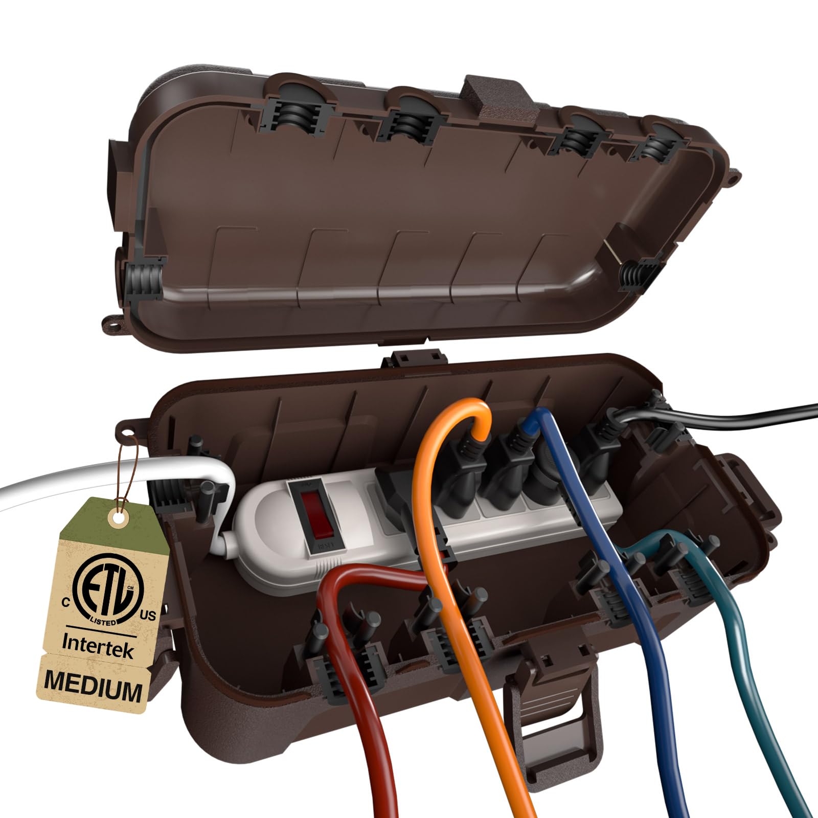 Flemoon Medium Outdoor Electrical Box (11.5x5.2x4 inch), IP54 Waterproof Extension Cord Cover w/6 Cable Entry Ports, Weatherproof Connection Box for Power Strip, Timer, Plug, Holiday Lights, Brown-image-10