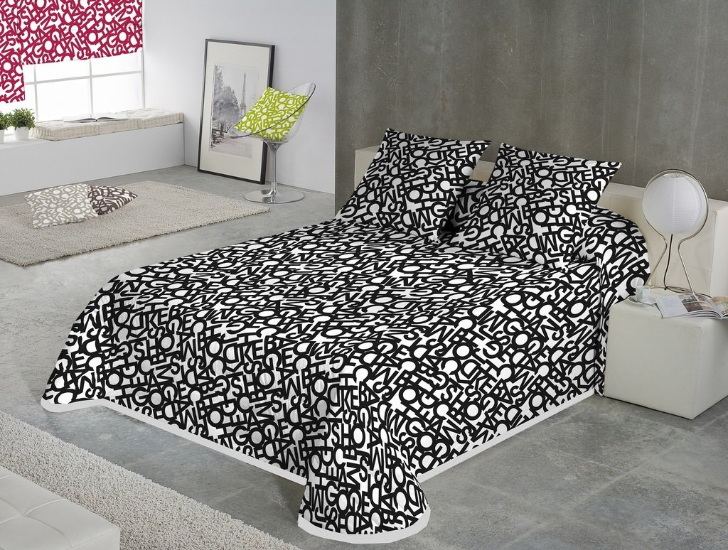 SABANALIA - Colcha Estampada Letras (Disponible en Varios tamaños y Colores) - Cama de 90-180 x 280 cm, Negro