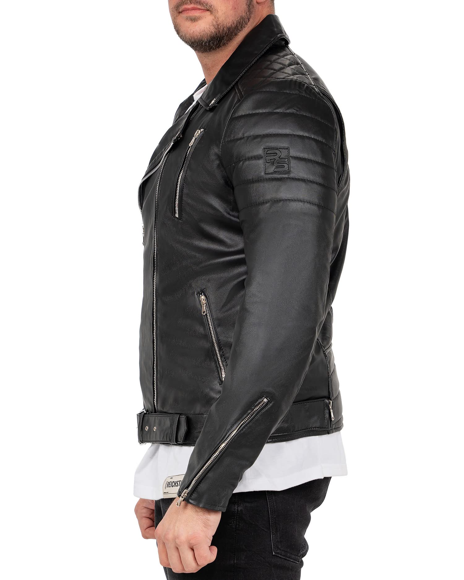 Reichstadt Chaqueta Hombre Cuero Sintético Biker Bomber Cuello Alto | Detalles con cremalleras, bolsillos laterales, forro interior, estilo urbano, entretiempo, paseo, ocio y uso diario