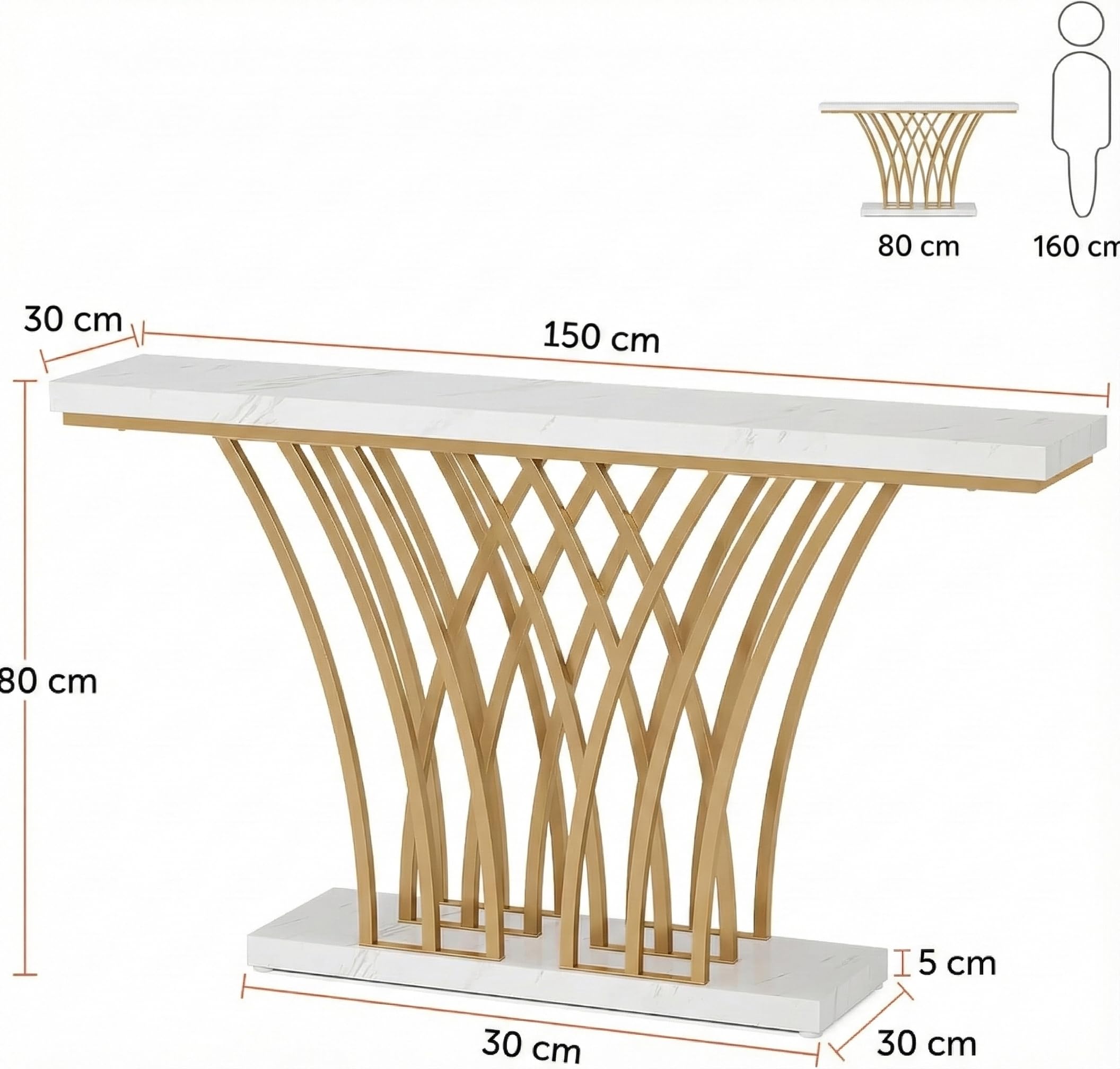 Lailang 150cm Consolle Ingresso, Tavolo Stretto e lungo, Mobile ingresso Legno, Consolle dietro Divano, Mobiletto ingresso moderno, 150 x 30 x 80 cm, White Faux Marble & Gold