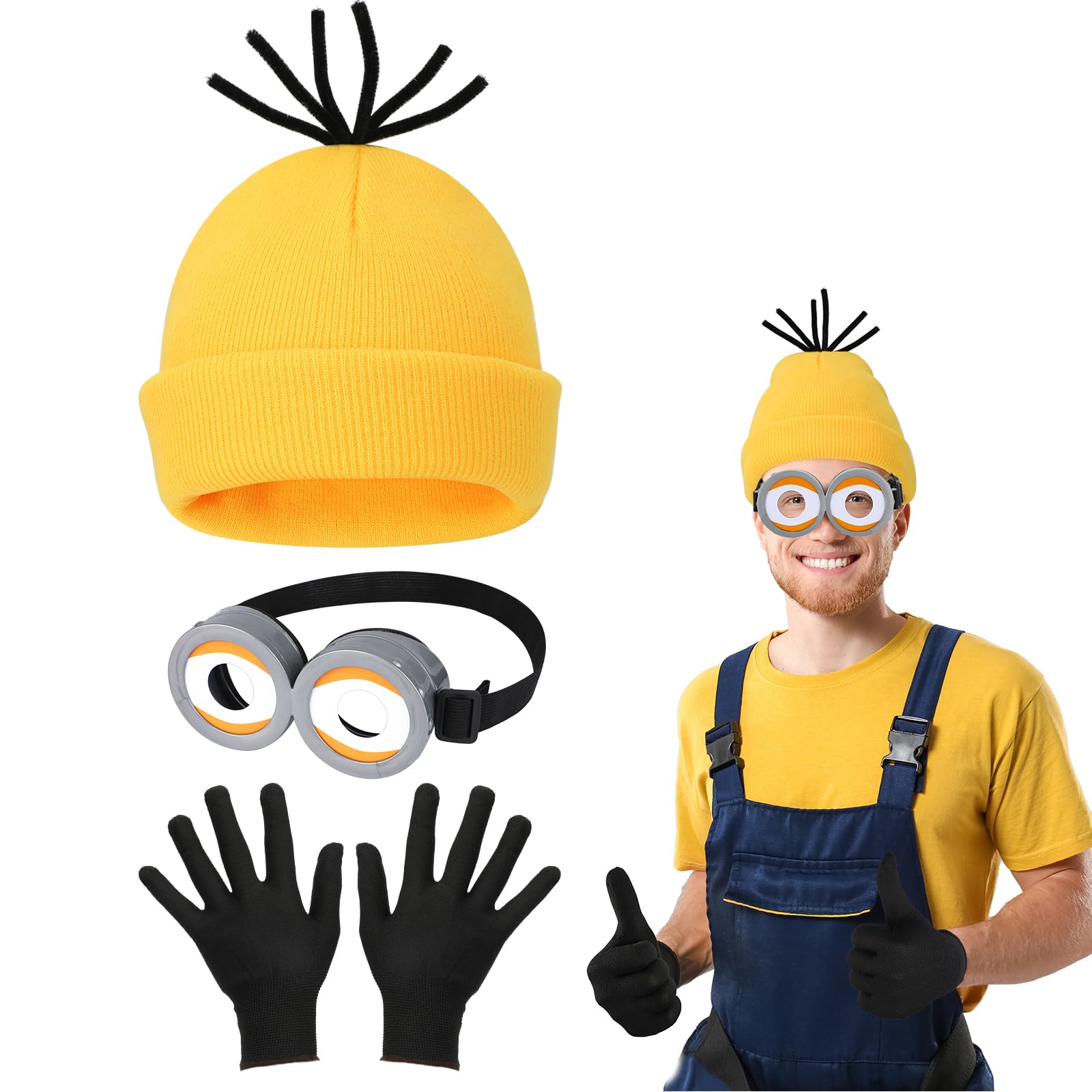 3 sztuki kostiumów Halloween dla dorosłych i dzieci, okulary steampunk z żółtą czapką i czarnymi rękawiczkami, zestaw do kostiumów na Halloween, kostium filmowy dla dorosłych na Halloween, karnawał