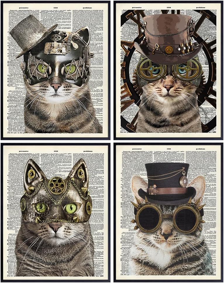 Cats in Steampunk Accessories - Gothic Steampunk Cats - Goth Wall Art Decor - Kitty, Kitten, Cat Themed Gifts for Renaissance Victorian Fans -Home Decoration for Bedroom, Living Room - 8x10 Posters