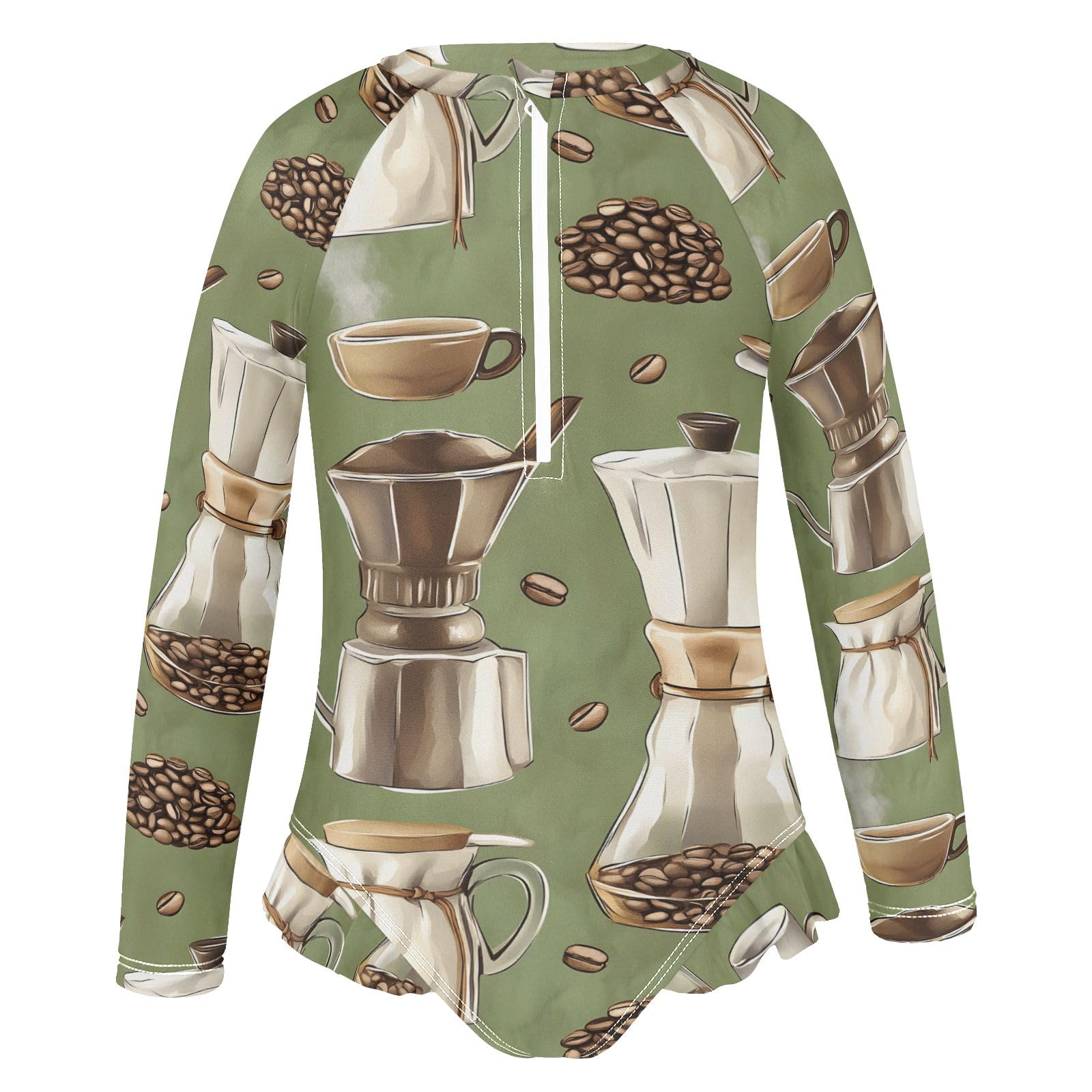 ALAZA Swimsuit for Girls Long Sleeve Rashguard Bathing Suit Coffee Time 6 Quick Dry 4T