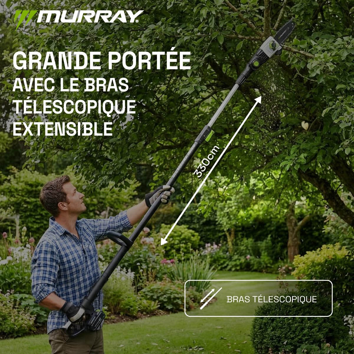 Murray Taille-Haie & Tronçonneuse Télescopique 2-en-1 sans Fil MU-Bat-MM-CSHT-KIT – 20V, 3Ah, Lame de Coupe 40 cm, Guide de Scie 20 cm, Système SDS, Inclinable, Portée 330 cm