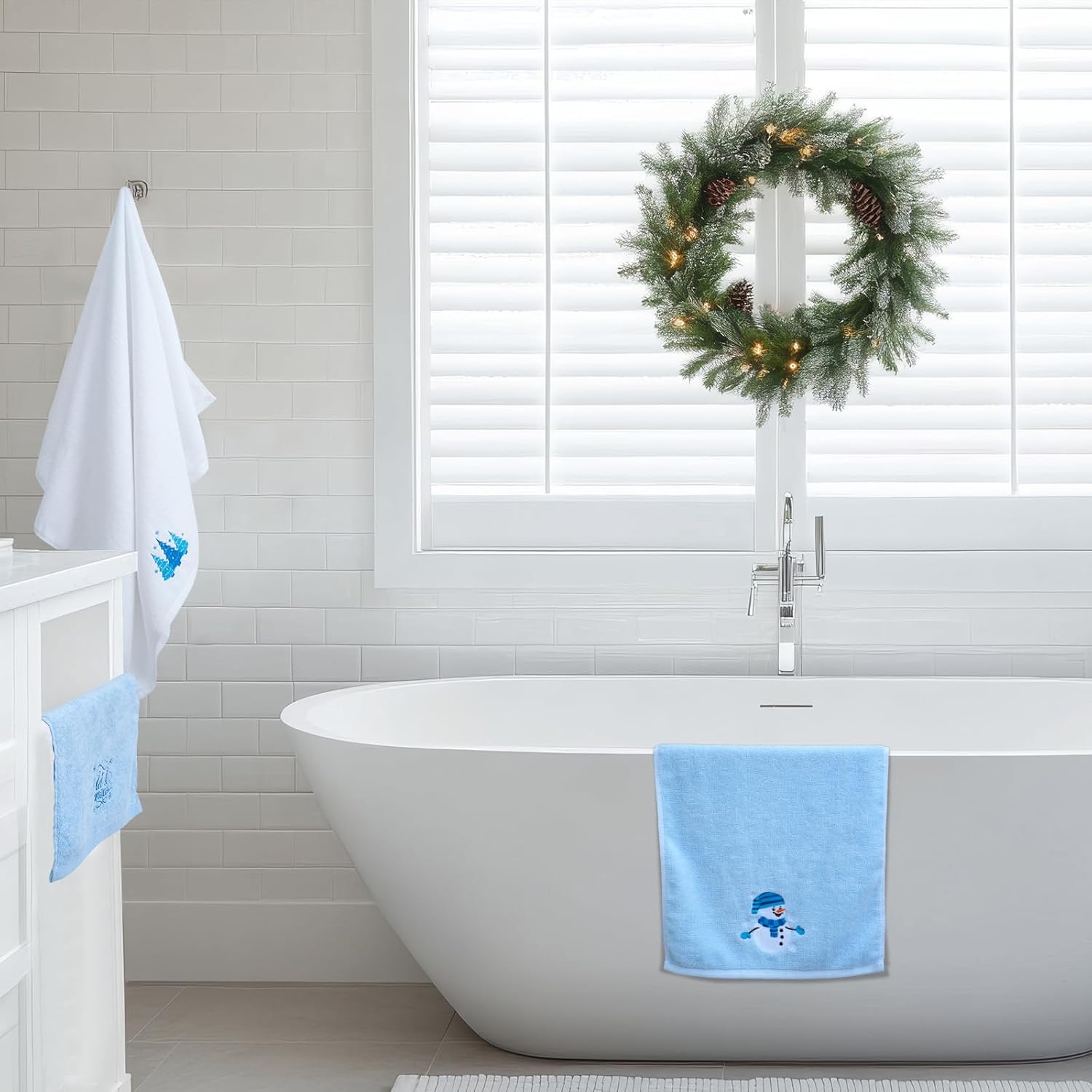 Christmas Bathroom Towels Set of 3 White Blue Xmas Tree Embroidered Soft 100% Cotton Bath Towel Little Snow Man Hand Towels for Winter Holiday Christmas Kitchen Decor Gift Dish Drying Cleaning - Image 5