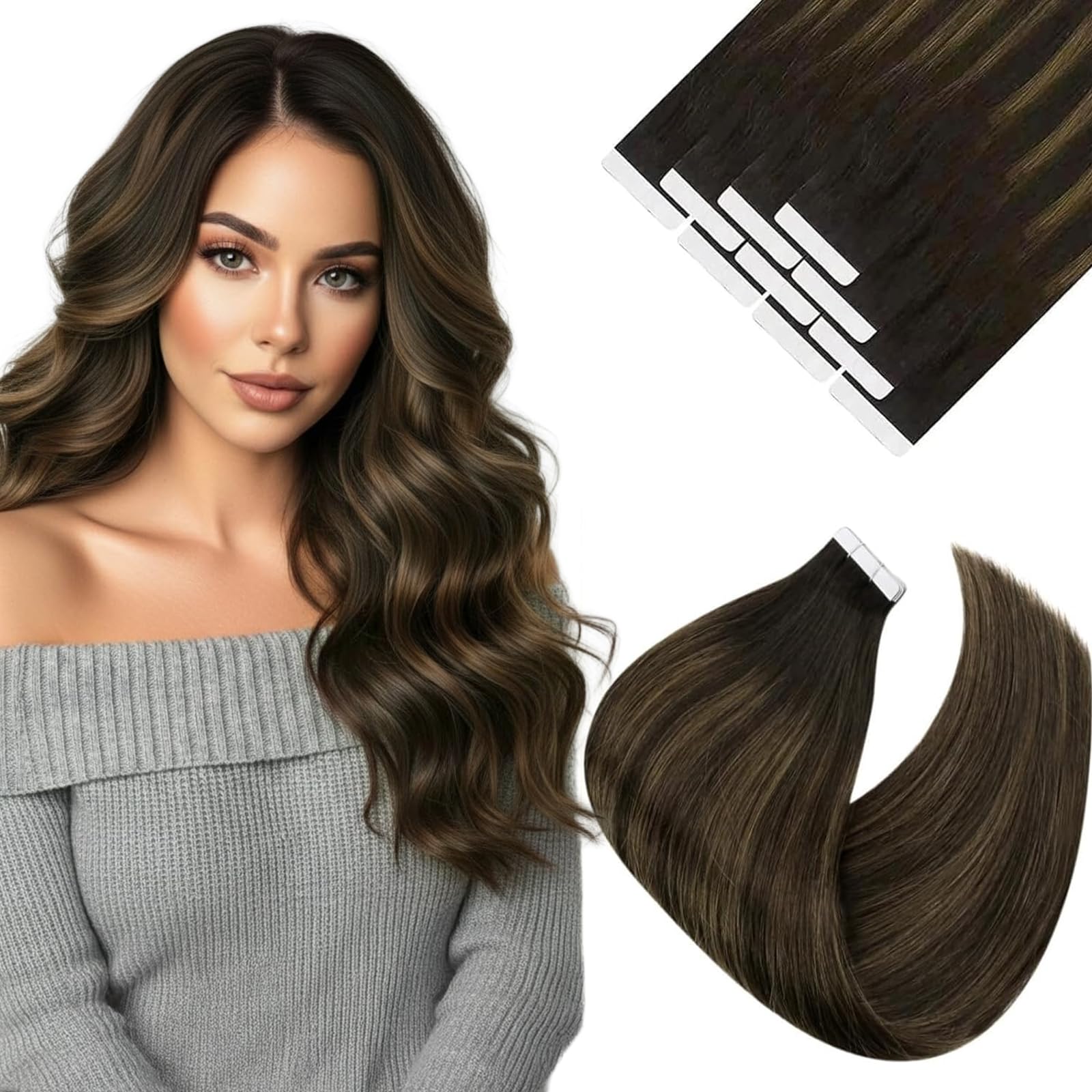 Ve Sunny Tape in Hair Extensions Real Human Hair Invisible Remy Human Hair Straight Tape Ins Double Sided Darkest Brown Ombre Medium Brown Balayage 20