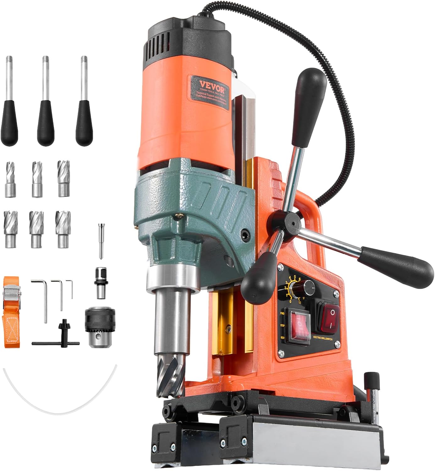 VEVOR Magnetic Drill Press, 1400 W, 2 inch Boring Diameter, 0-750 RPM Speed, Reversible Direction, Mag Drill Press with 6 Core Bits, Electric Drilling Machine for Industrial and Home Improvement