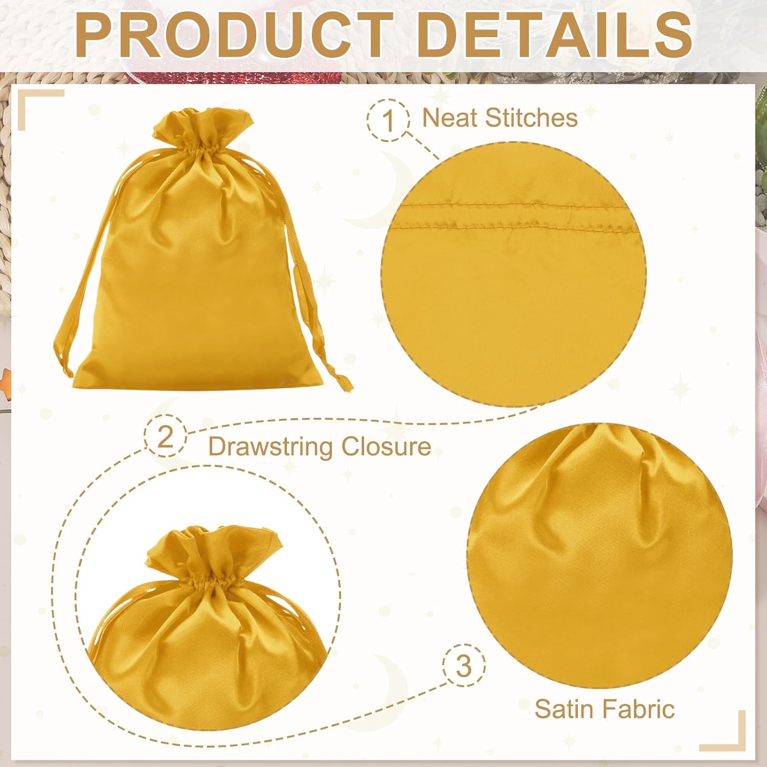 PATIKIL 6 x 8 Inch Satin Bags with Drawstring, 3 Pcs Silk Drawstring Gift Bags Wedding Favor Pouch for Jewelry Candy Christmas Party Graduation Birthday Easter, Gold - Image 3