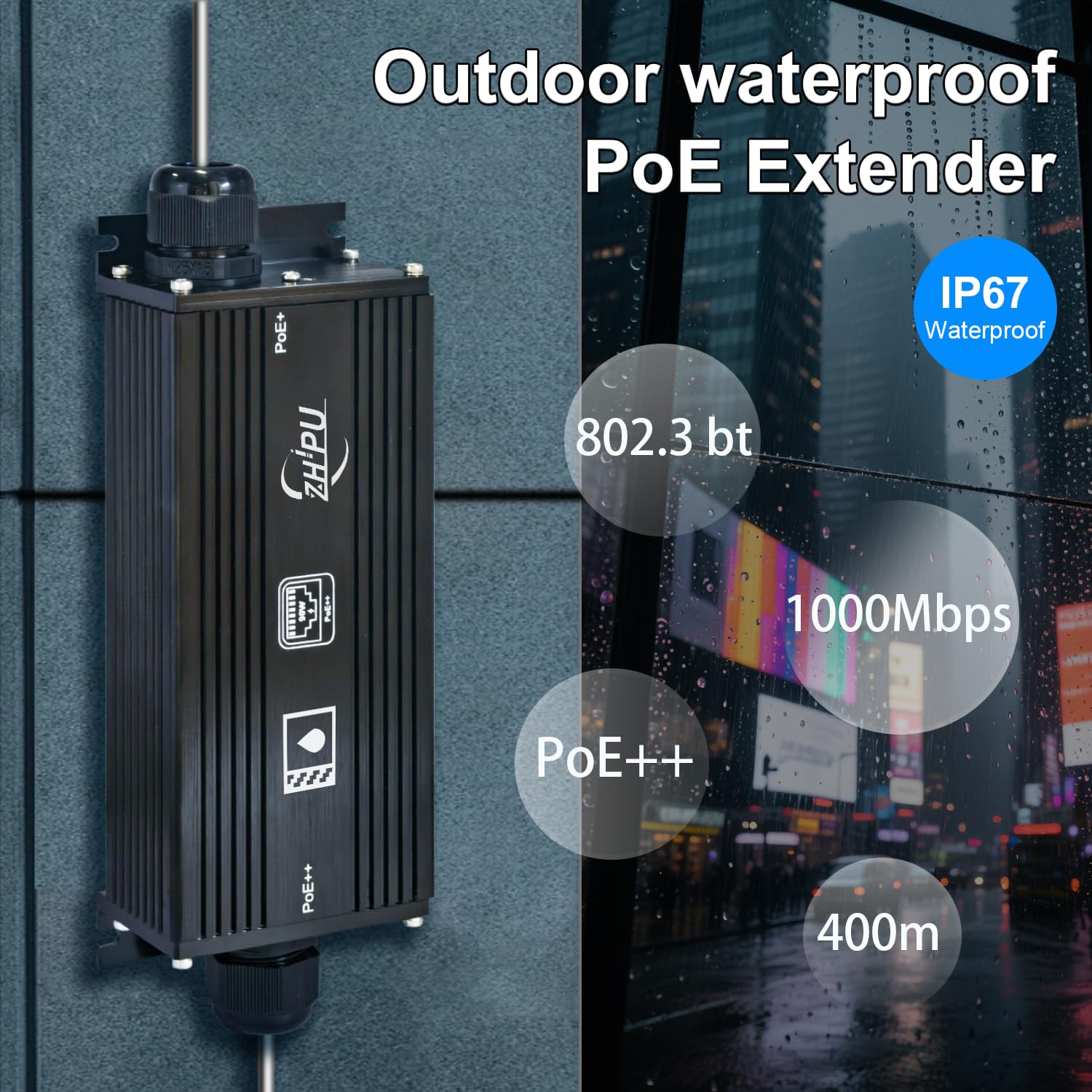 Prolongateur PoE Gigabit étanche IP67, haute puissance 90 W, Ethernet 1000 Mbps, portée de 100 m, -40 °C à 80 °C, pour surveillance de sécurité et ingénierie de réseau