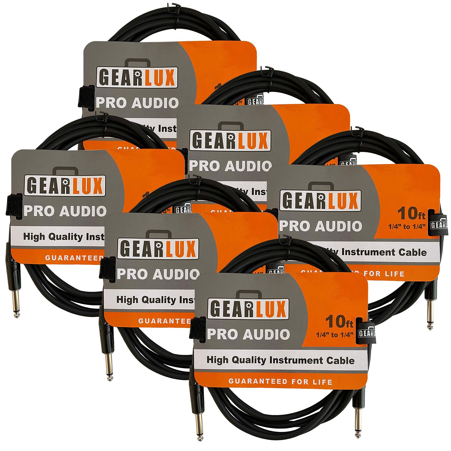 Gearlux Cable para instrumento/guitarra, negro, 10 pies, paquete de 6