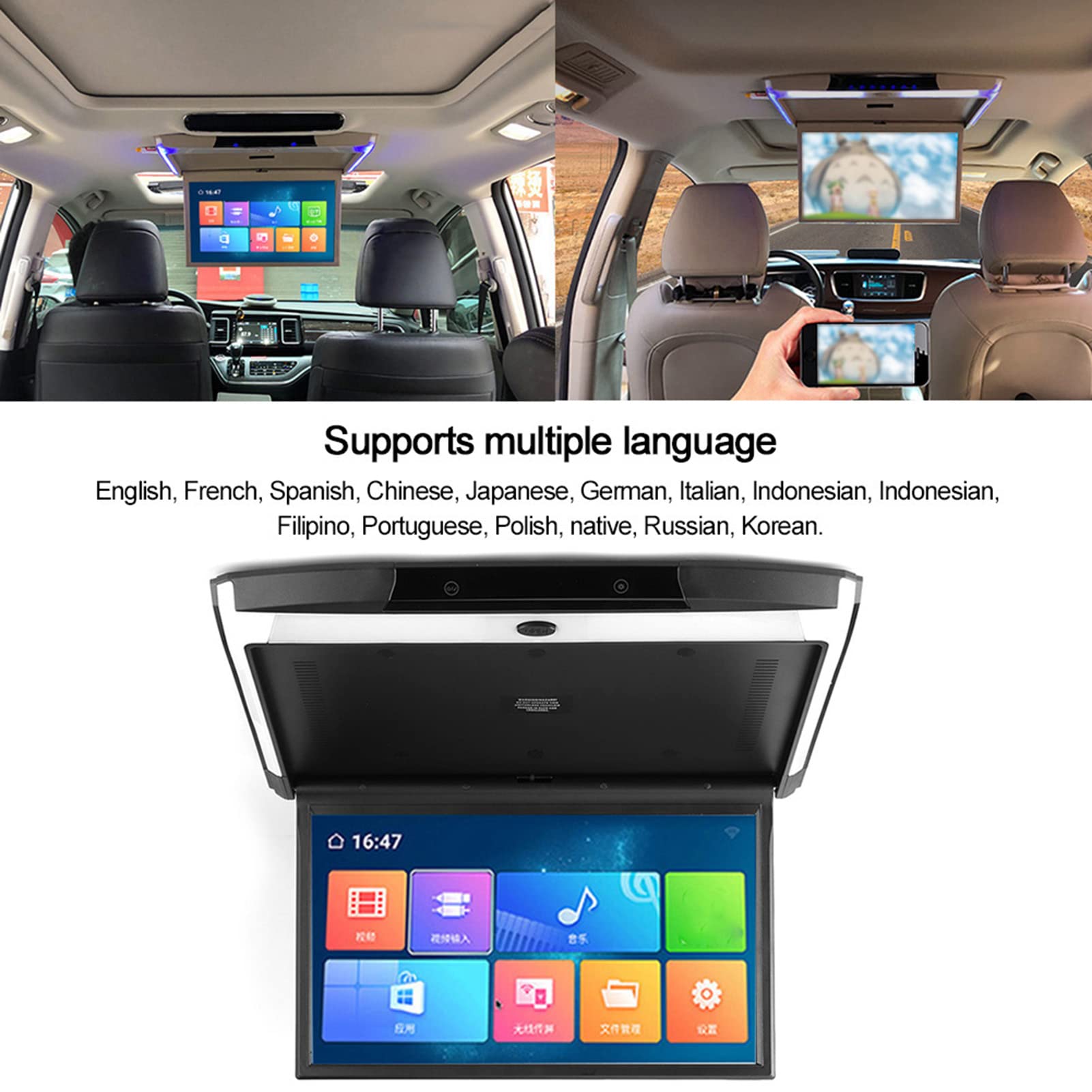 Reproductor de Techo para Automóvil, 17.3In IPS 1080P WiFi Bluetooth Monitor de Automóvil Abatible hacia Abajo Soporte Android Hdmi AV FM USB Montaje en el Techo Monitor Abatible hacia Abajo