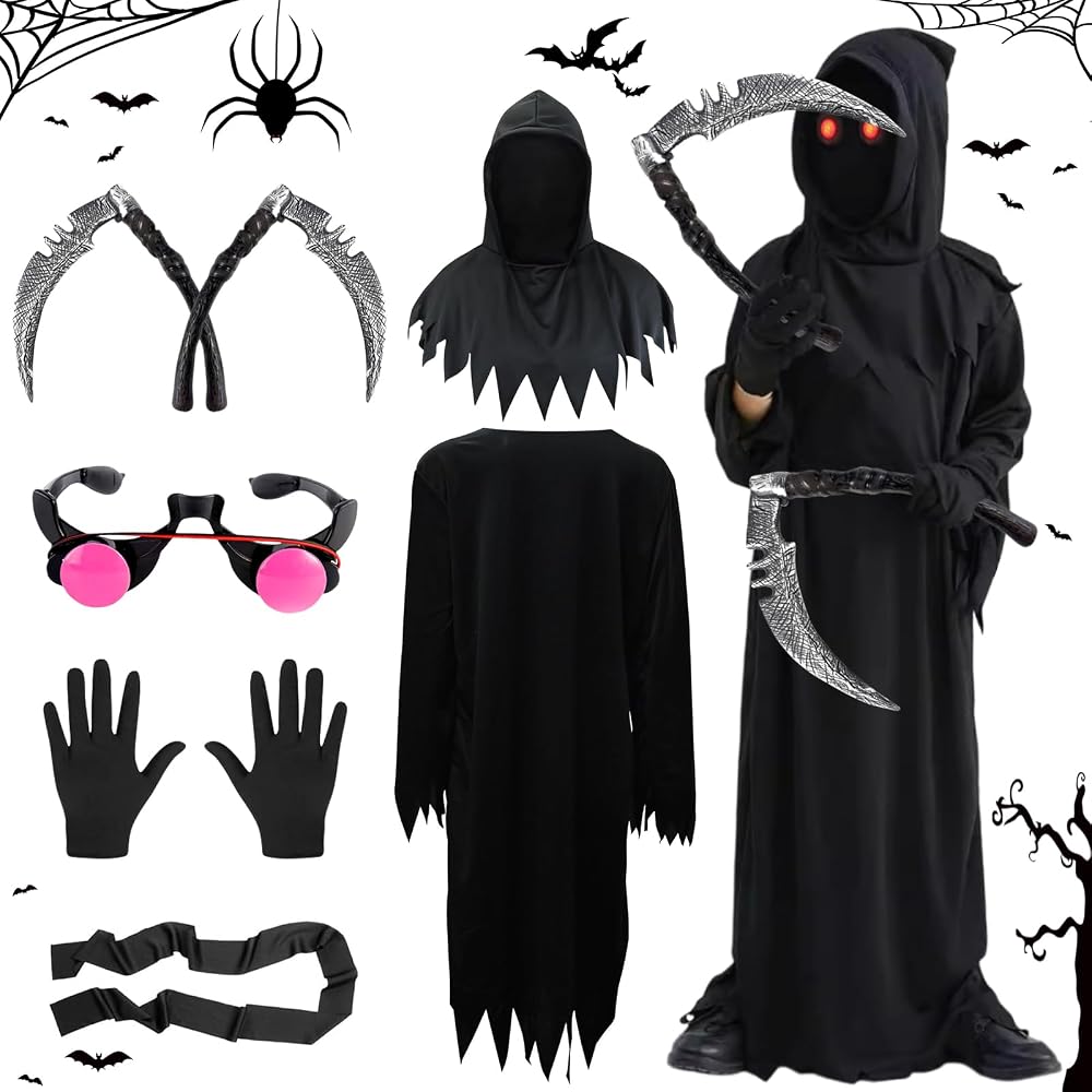 Costume da Grim Reaper: Costumi Costume da Tristo Mietitore di Halloween per Bambini di Carnevale per Ragazzi di Morte Set con Guanti Falci Catena Occhiali Luminosi (S (5-7 anni